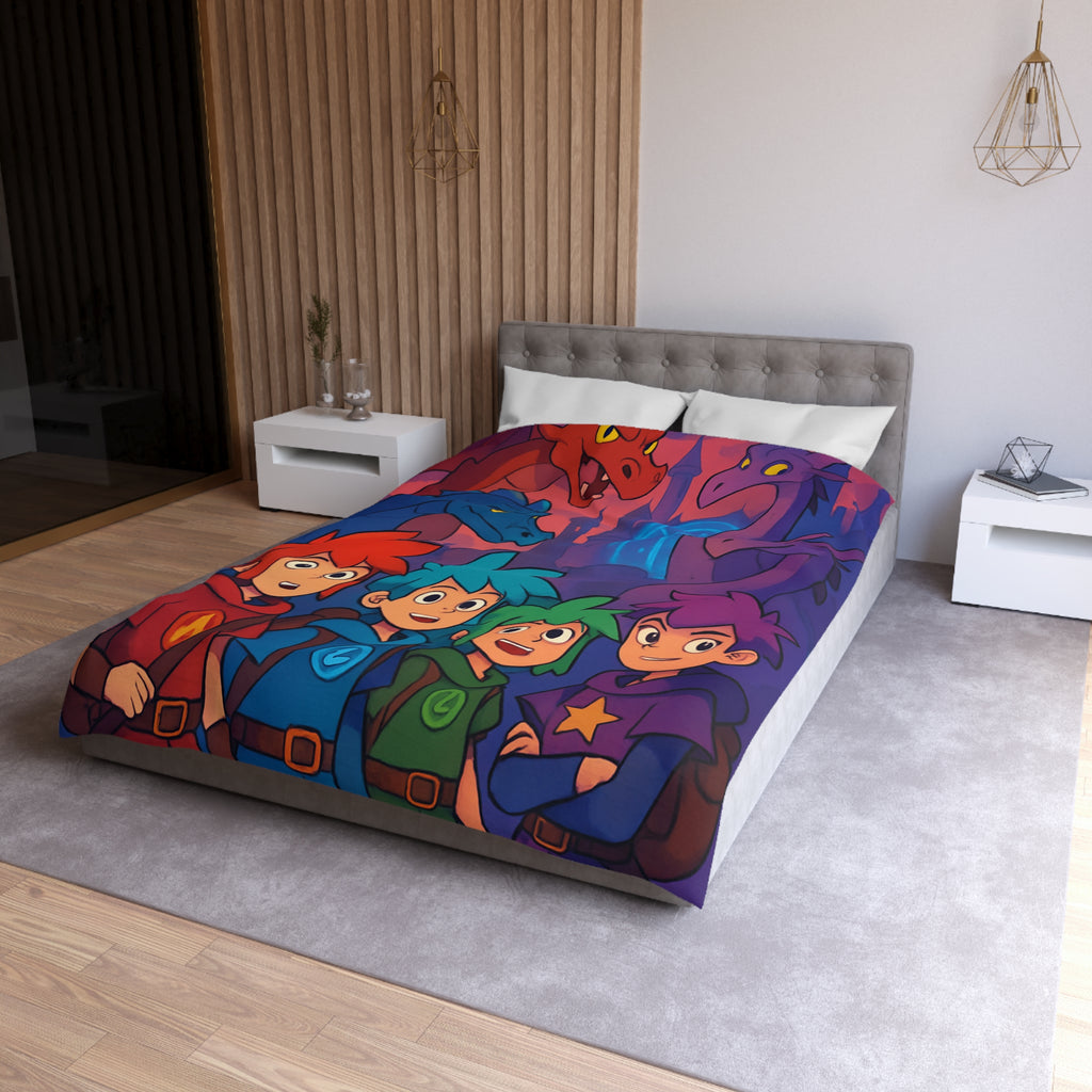 Quatre aventuriers et dragons devant château fantastique, parfait pour chambre d'enfant magique