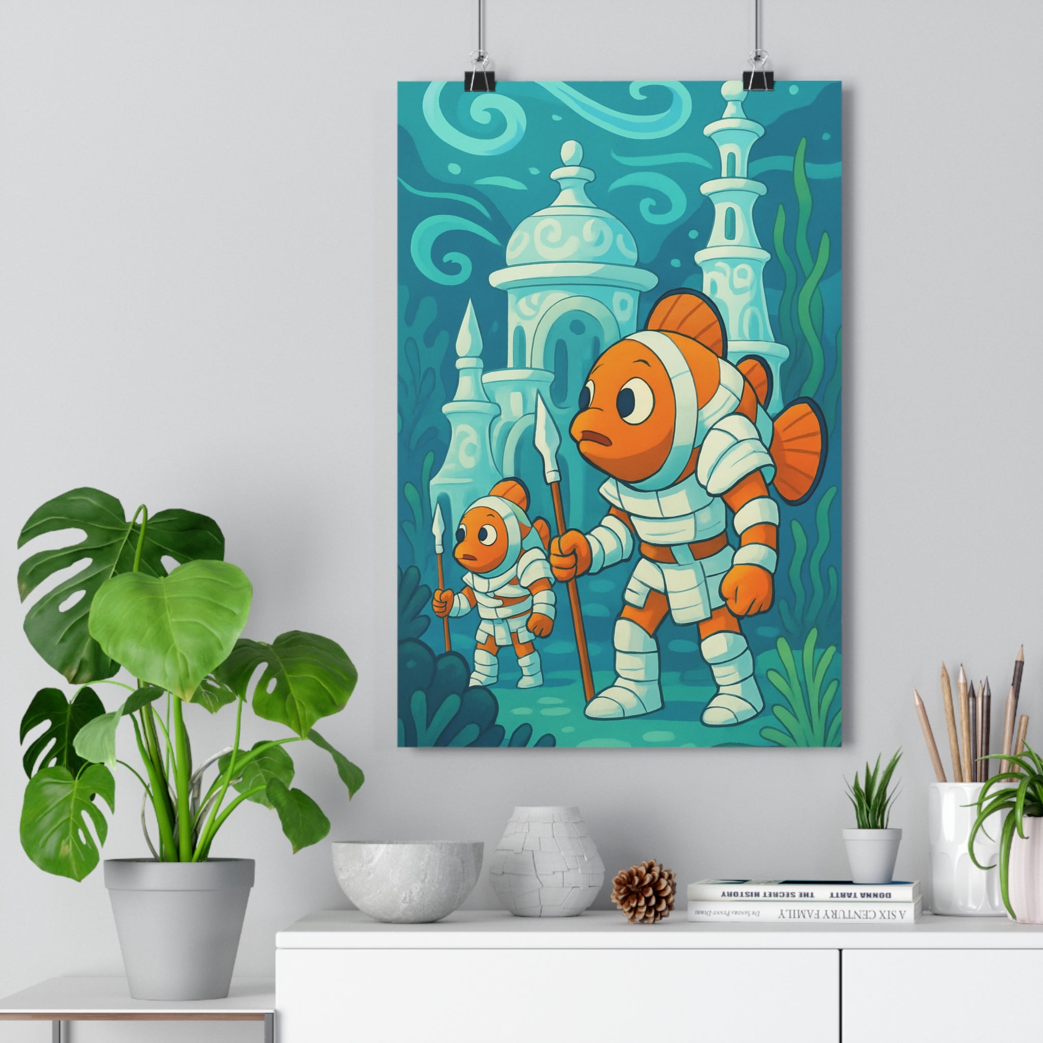 Poster décoratif anime bleu orange sousmarin aventure chambre enfant vibrant unique artistique fantastique créatif