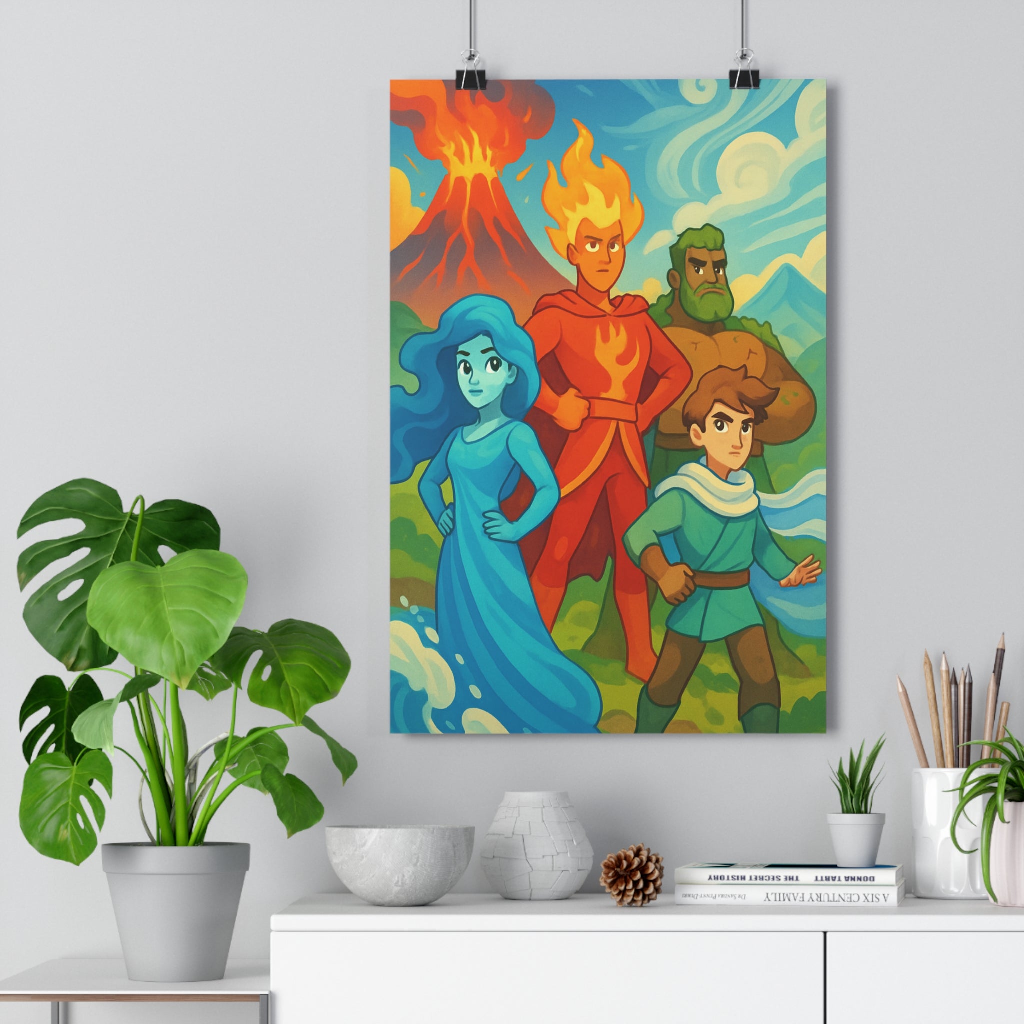 Poster décoratif cartoon épique bleu rouge vert marron chambre salon aventure dynamique unique tendance