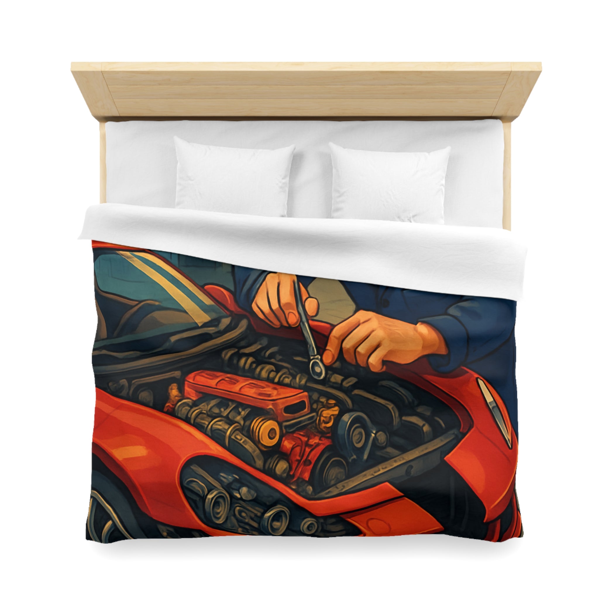 Housse de couette voiture rouge et mécanicien dans garage rétro pour chambre unique