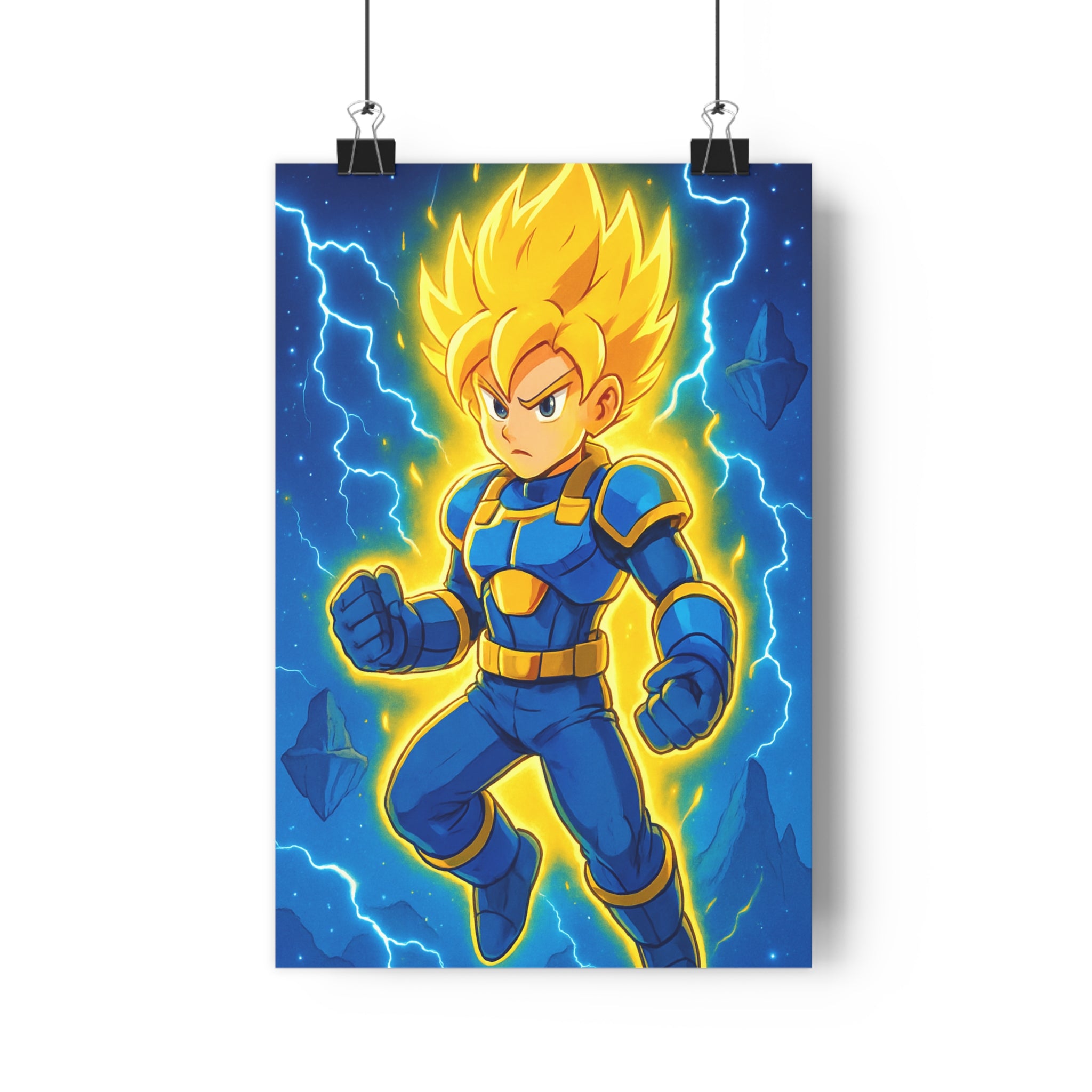 Poster décoratif lumineux guerrier cosmique jaune bleu dynamique chambre salon moderne énergie intense étoilé