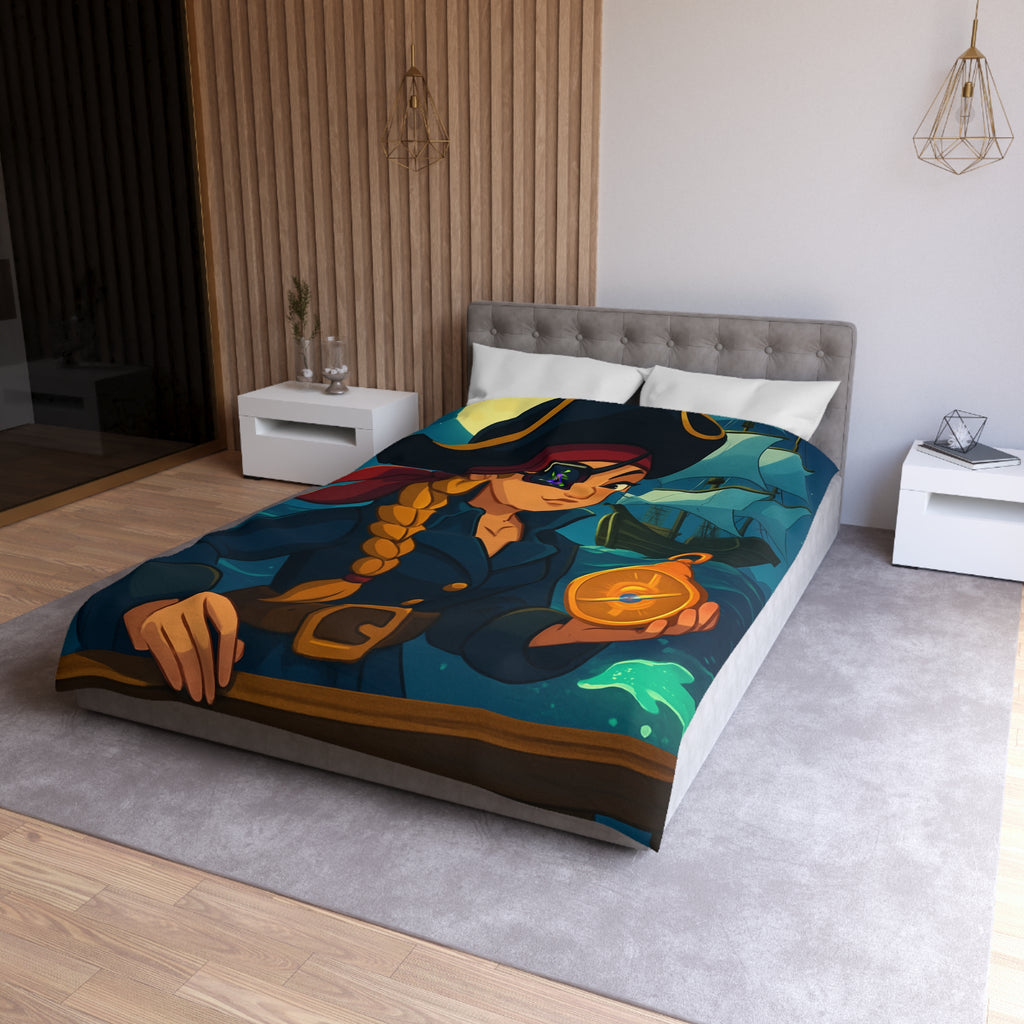Housse de couette pirate colorée avec femme audacieuse, boussole et bateau illuminé
