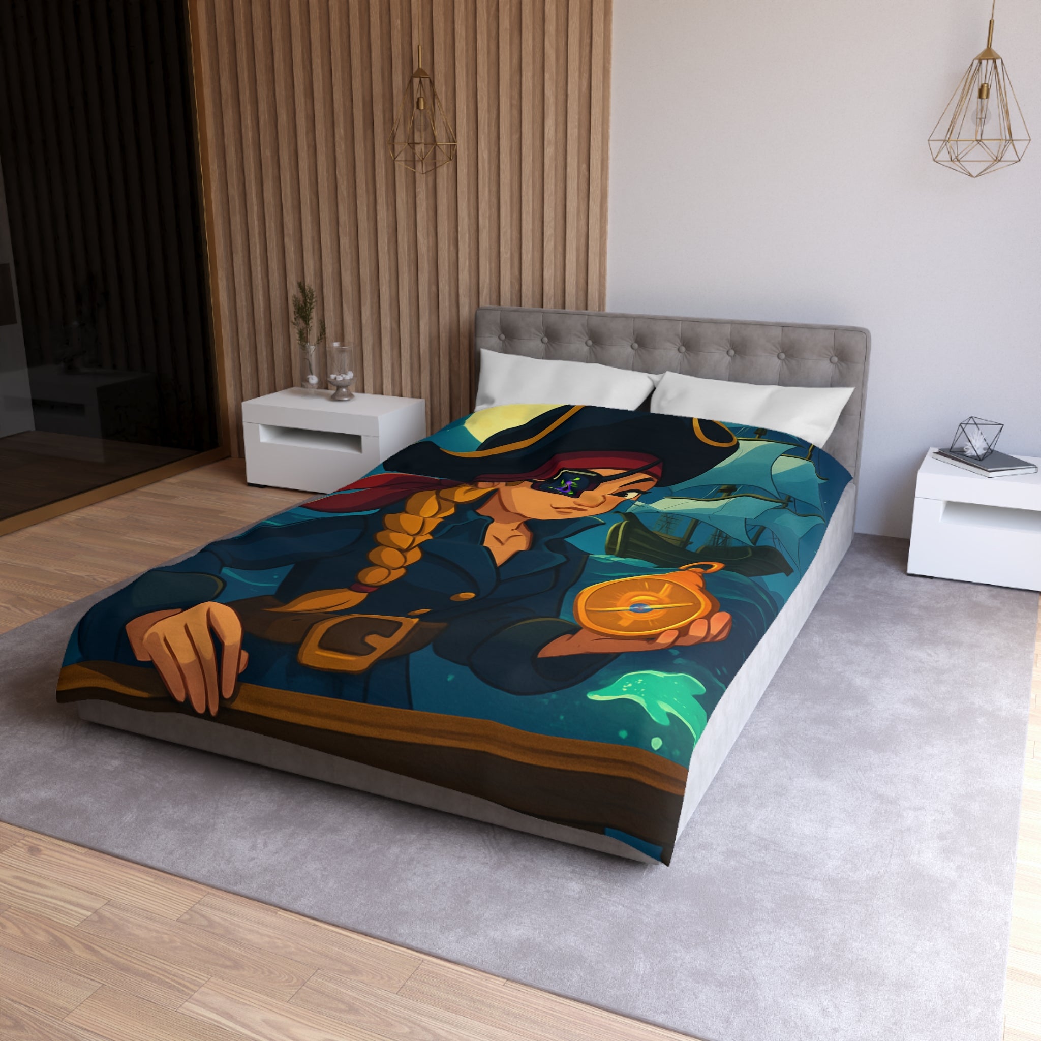 Housse de couette pirate colorée avec femme audacieuse, boussole et bateau illuminé