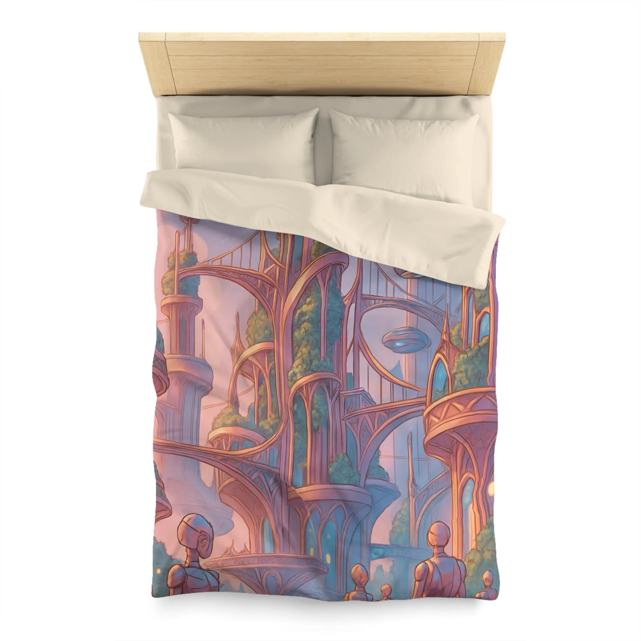 Housse de couette futuriste avec architecture élégante et robots dans tons pastel