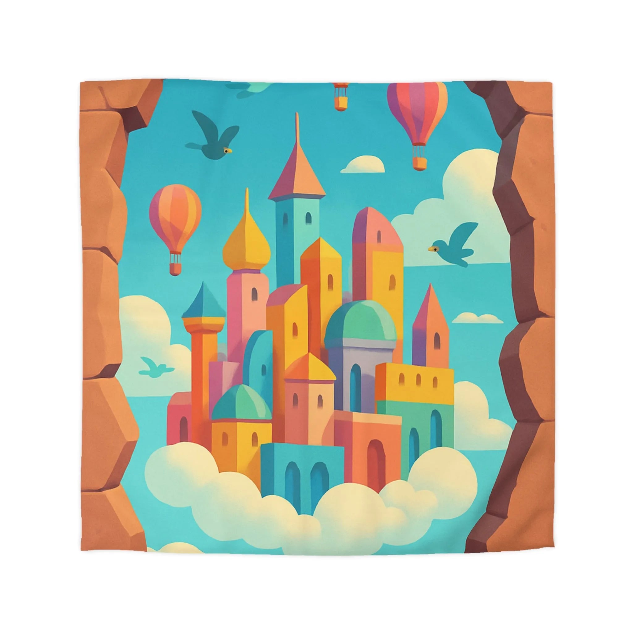 Housse de Couette Enfant Rêves Volants Château Flottant Ballons Multicolores Style Fantaisie