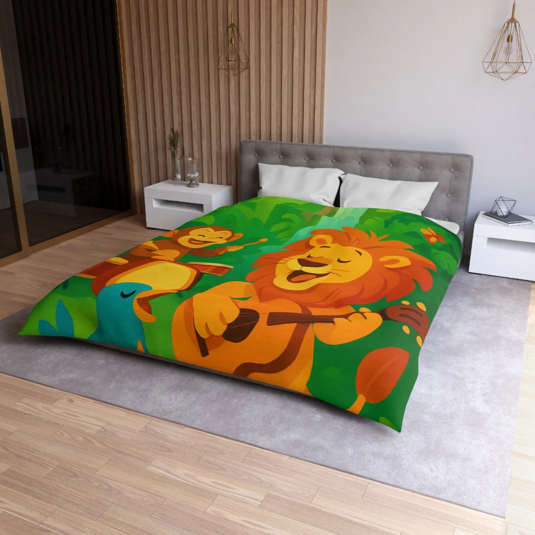 Housse de couette jungle colorée avec lion, singe, et oiseau musiciens joyeux