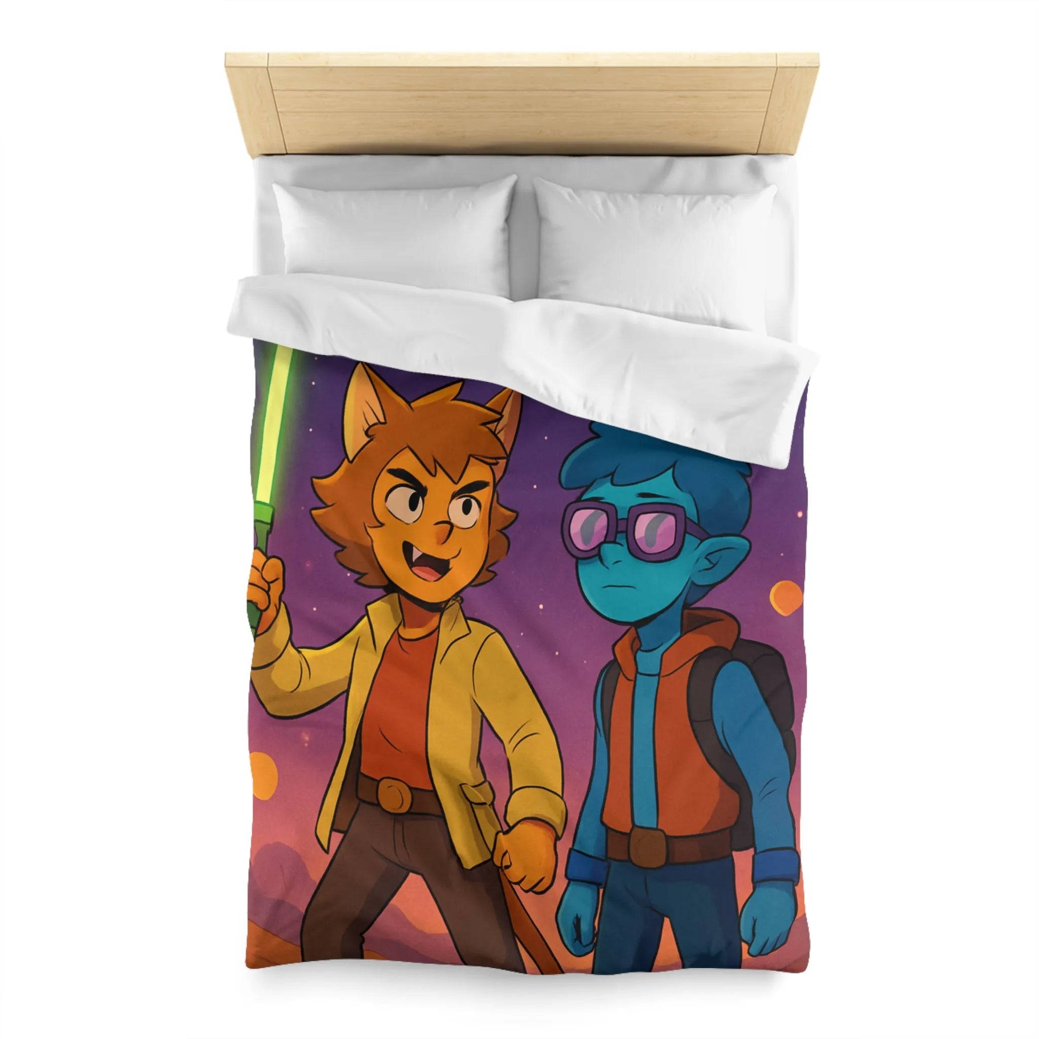 Housse de couette avec deux personnages dans l'espace, ambiance rétro futuriste colorée