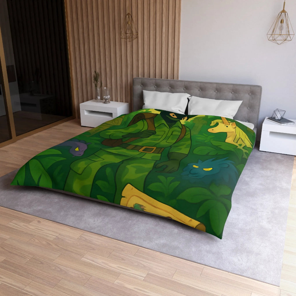 Housse de couette avec explorateur aventurier parmi créatures fantastiques et forêt luxuriante