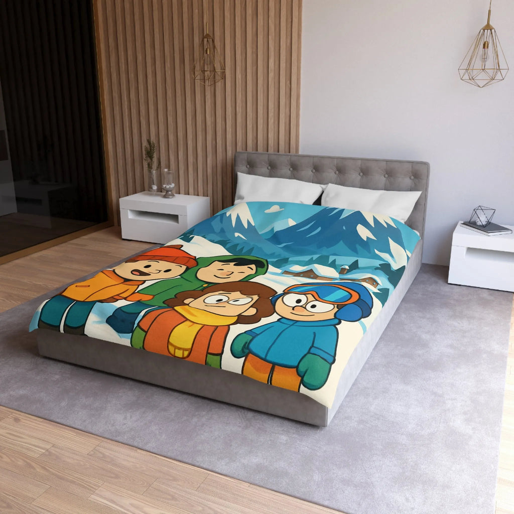 Housse de couette avec enfants joyeux et montagnes enneigées pour chambre d'enfant
