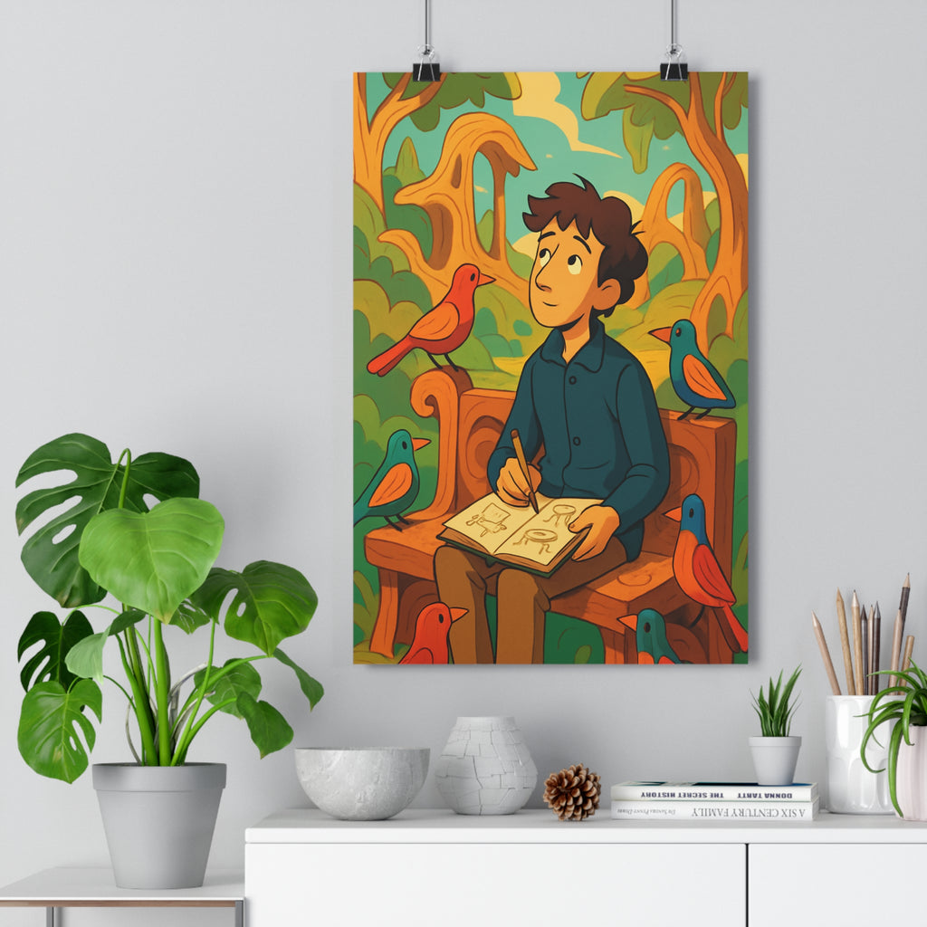 Poster décoratif enchanté vert orange nature rêveur magique jeune homme oiseaux bois arbre qualité