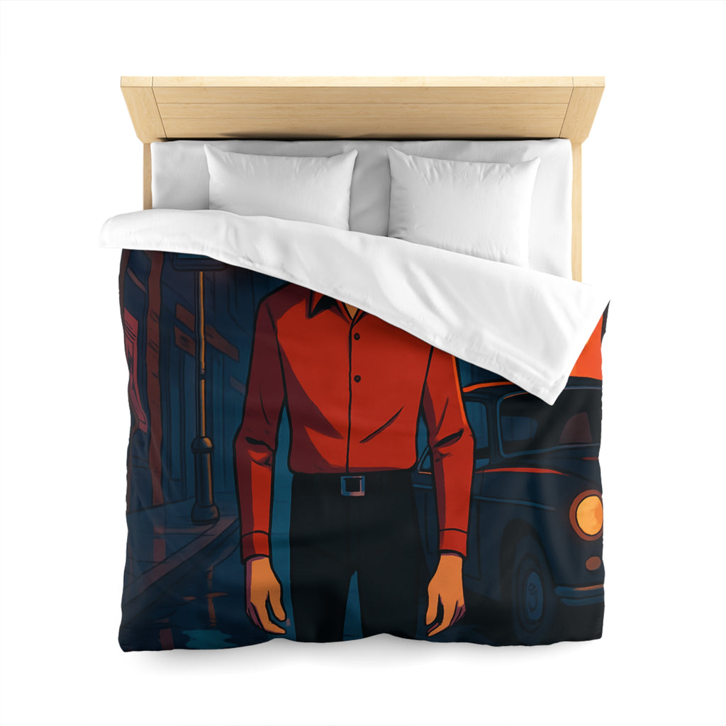 Housse de couette urbaine nocturne avec homme mystérieux et néons colorés