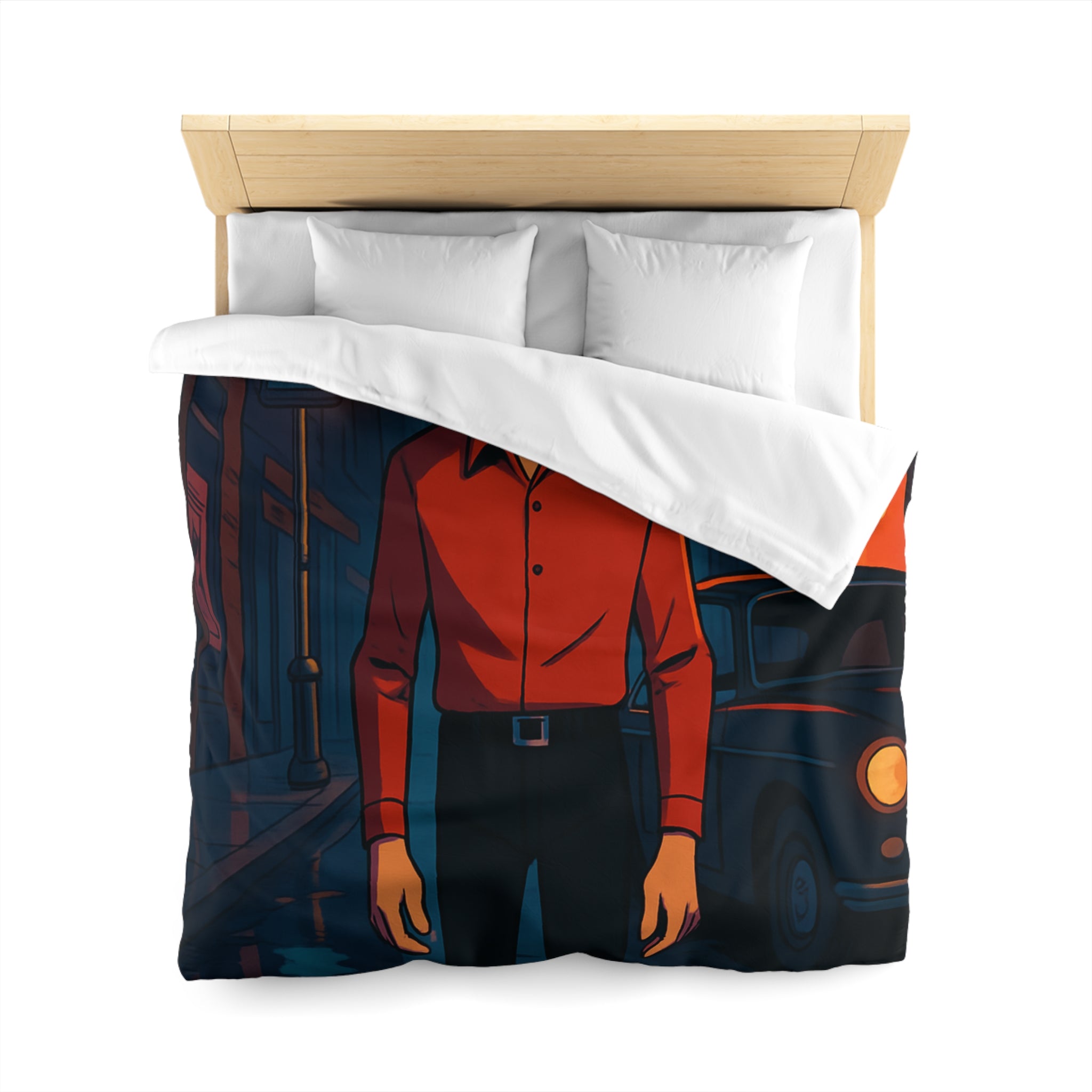 Housse de couette urbaine nocturne avec homme mystérieux et néons colorés