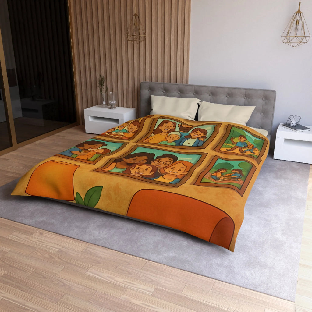 Housse de Couette Famille Heureuse avec Cadres Photo et Éléments Vintage pour Chambre