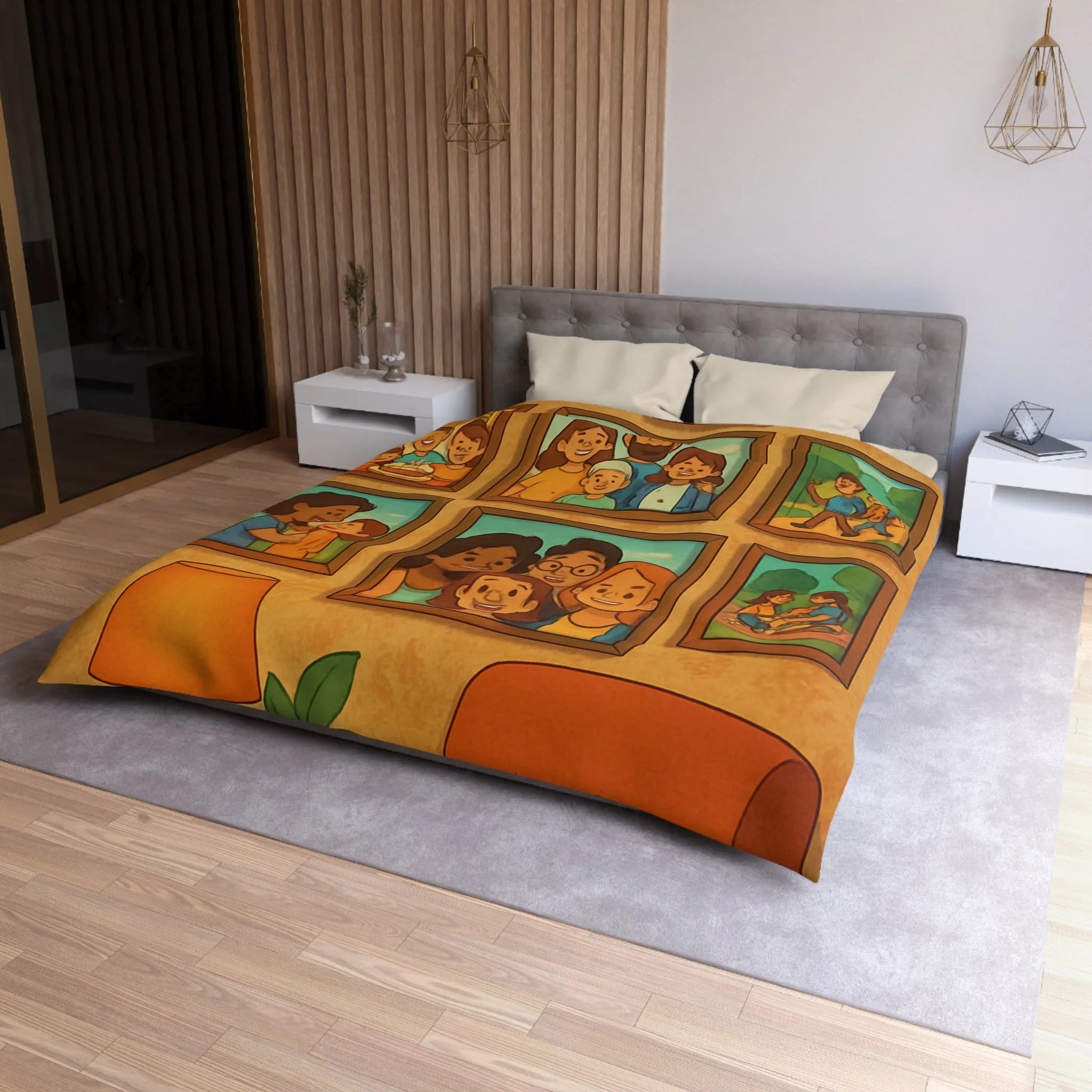 Housse de Couette Famille Heureuse avec Cadres Photo et Éléments Vintage pour Chambre