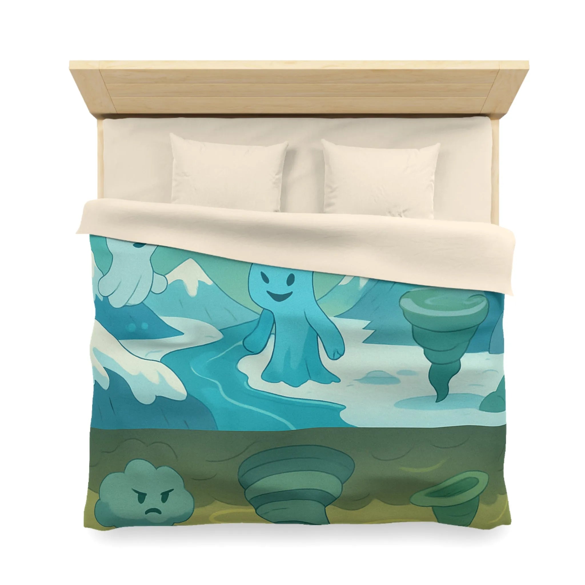 Housse de couette illustrant esprits élémentaires dans des paysages fantastiques vibrants et colorés