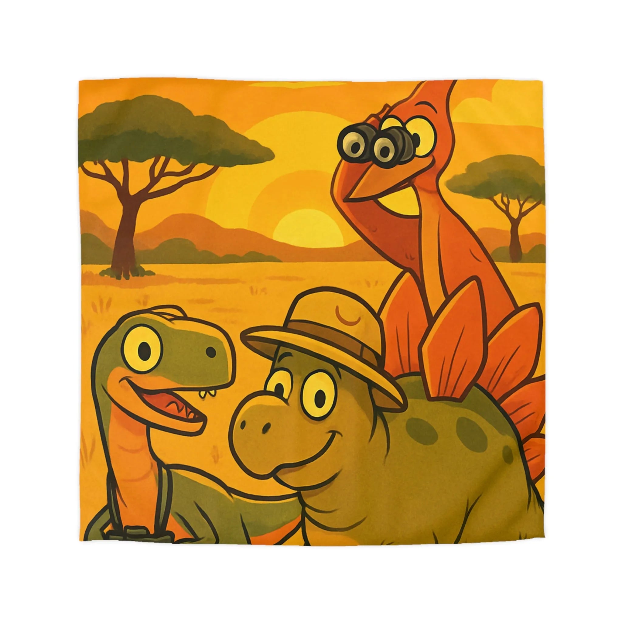 Housse de couette enfant illustrée dinosaures amusants safari coucher de soleil savane jungle