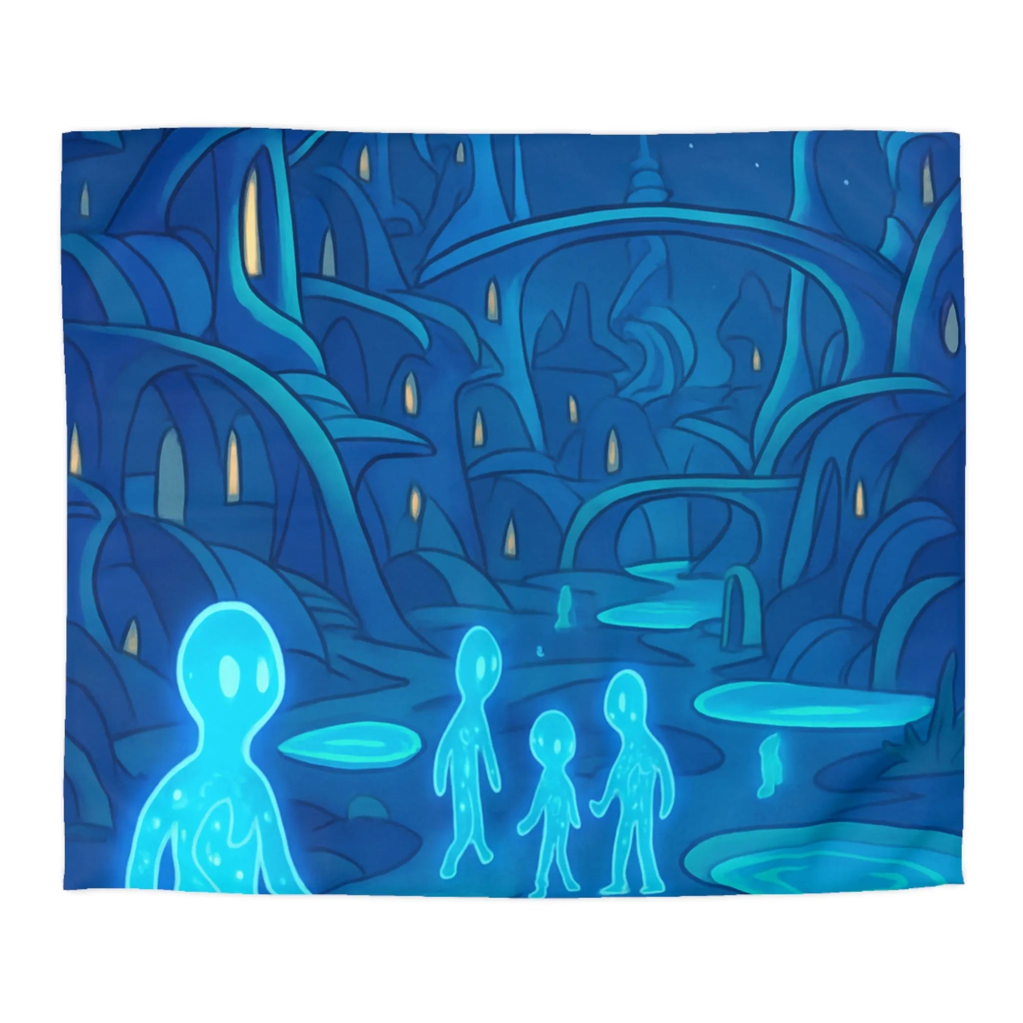 Housse de couette fantastique avec paysage extraterrestre, créatures lumineuses et lune mystique