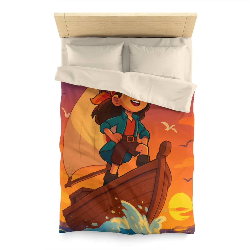 Housse de couette enfant motif pirate aventure en mer avec coucher de soleil vibrant