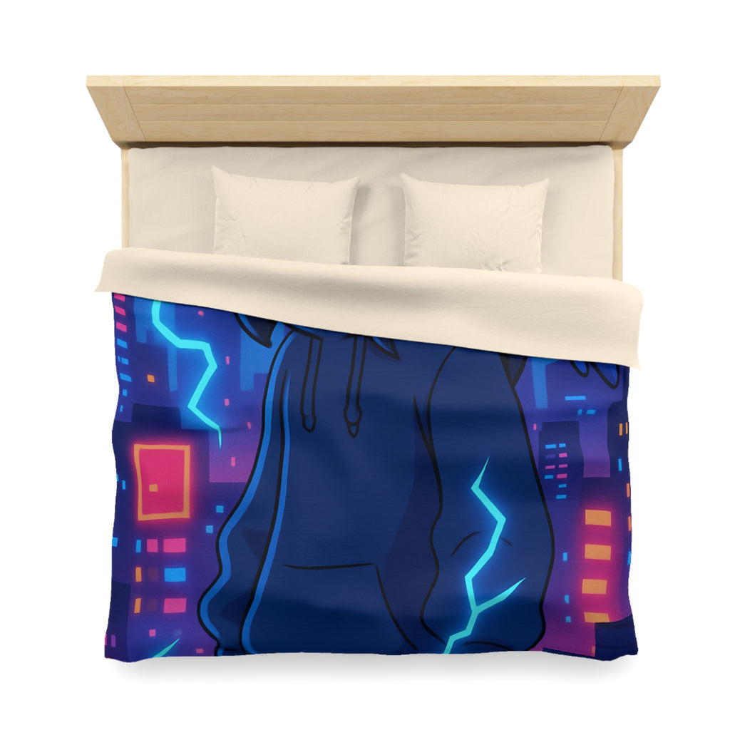 Tendance housse de couette bleu foncé avec motif urbain et perroquet électrique