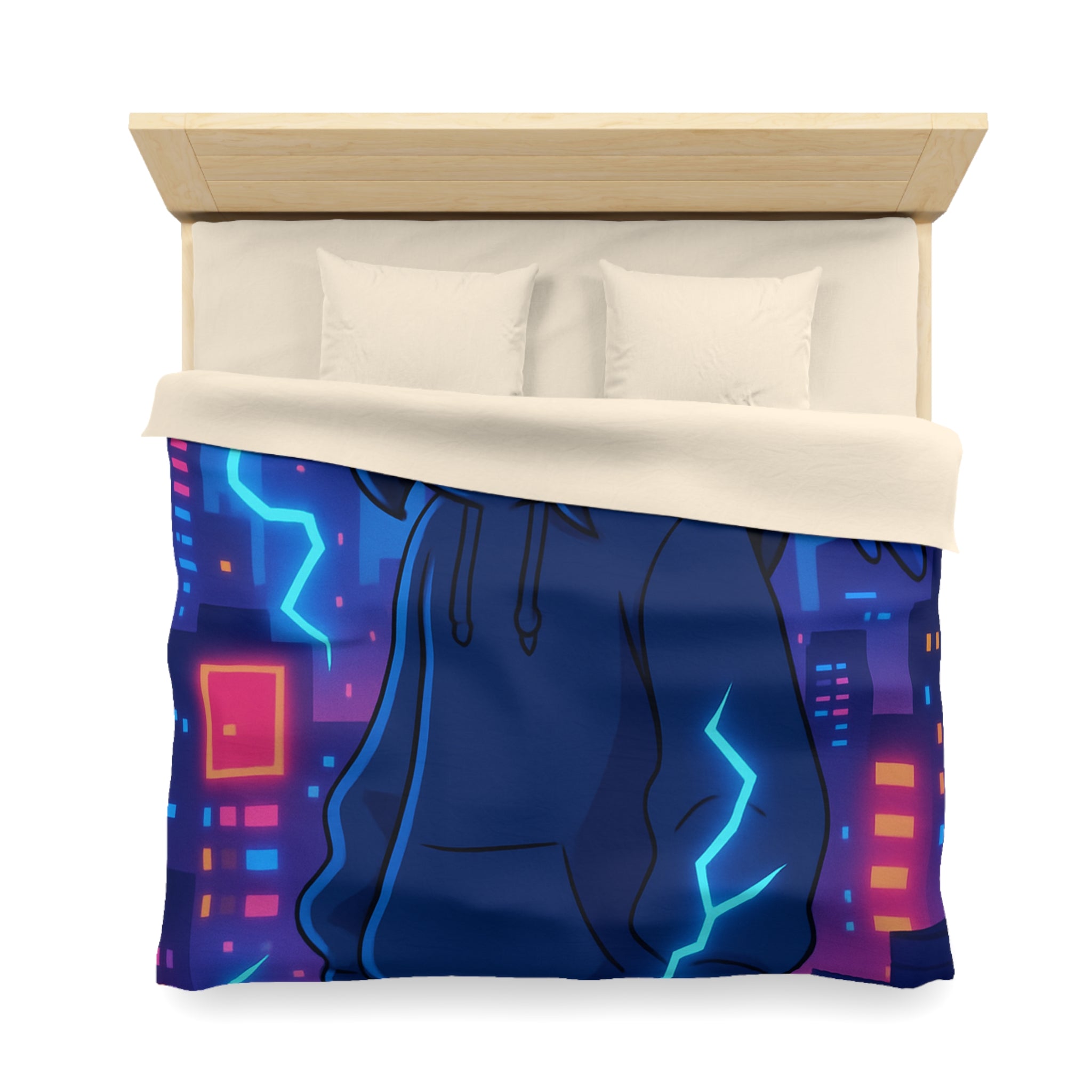 Tendance housse de couette bleu foncé avec motif urbain et perroquet électrique