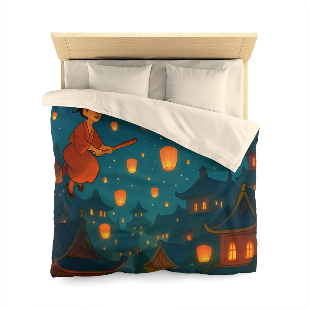 Housse de Couette Magique avec Sorcières Volantes et Lanternes dans le Ciel Nocturne