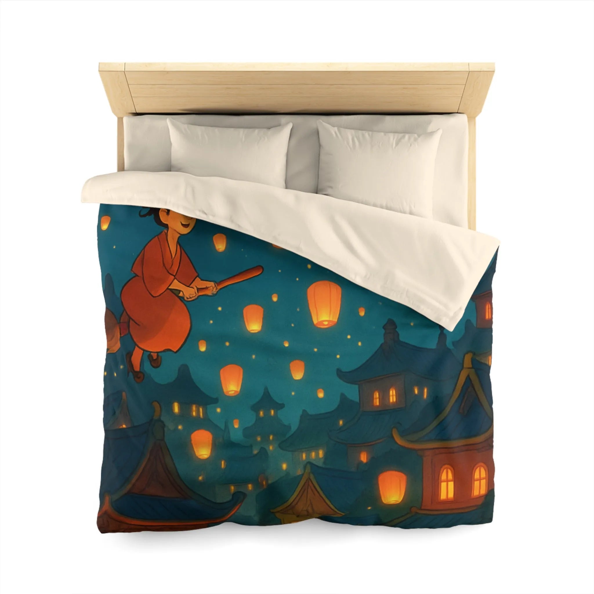 Housse de Couette Magique avec Sorcières Volantes et Lanternes dans le Ciel Nocturne