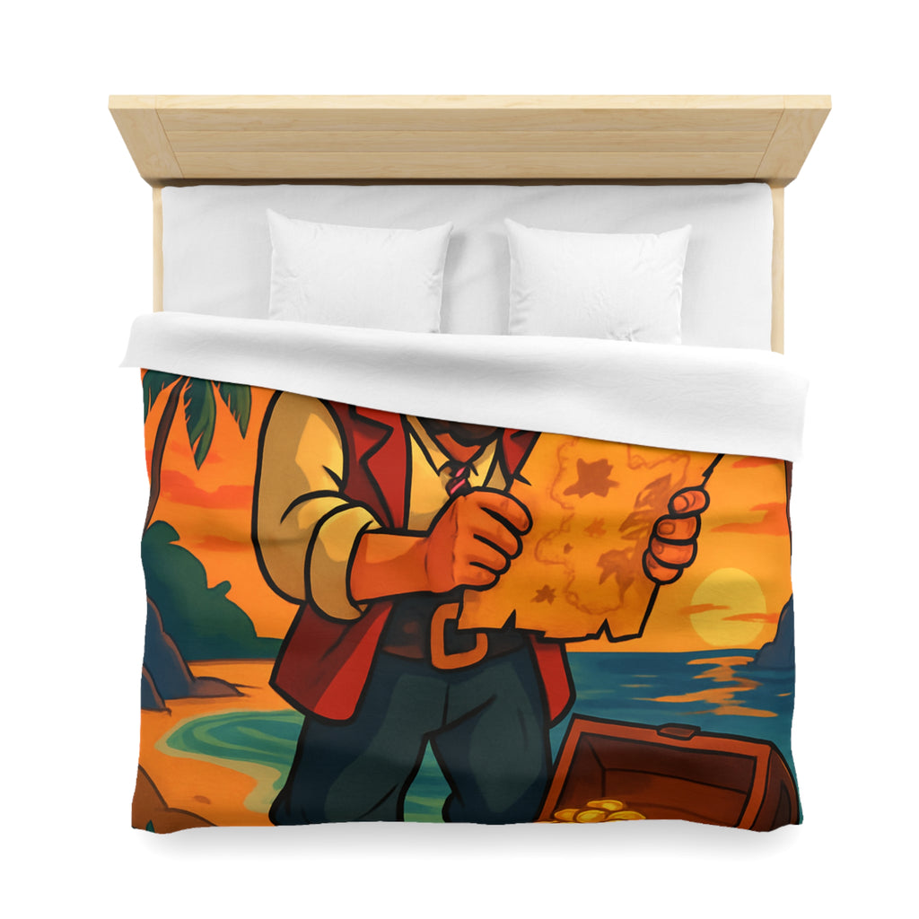 Housse de couette pirate avec coffre au trésor, carte ancienne et palmiers tropicaux