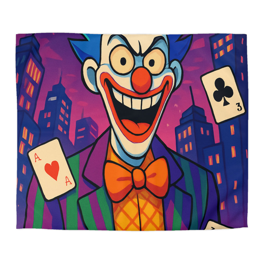 Housse de couette vibrante avec clown effrayant et cartes à jouer en arrière-plan urbain