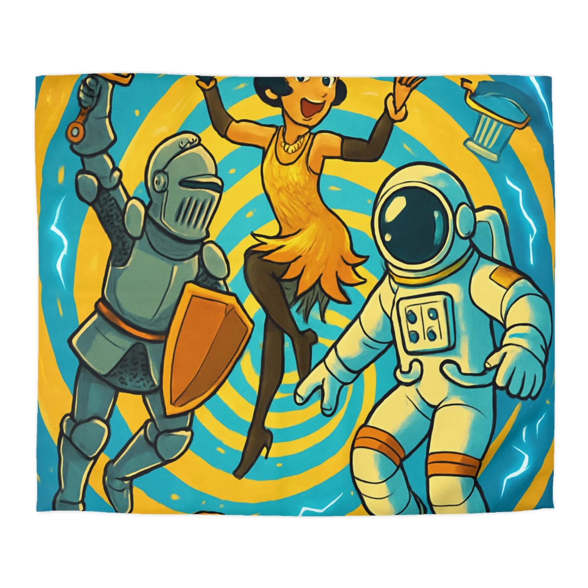 Housse de couette colorée avec chevalier, astronaute et danseuse dans vortex temporel