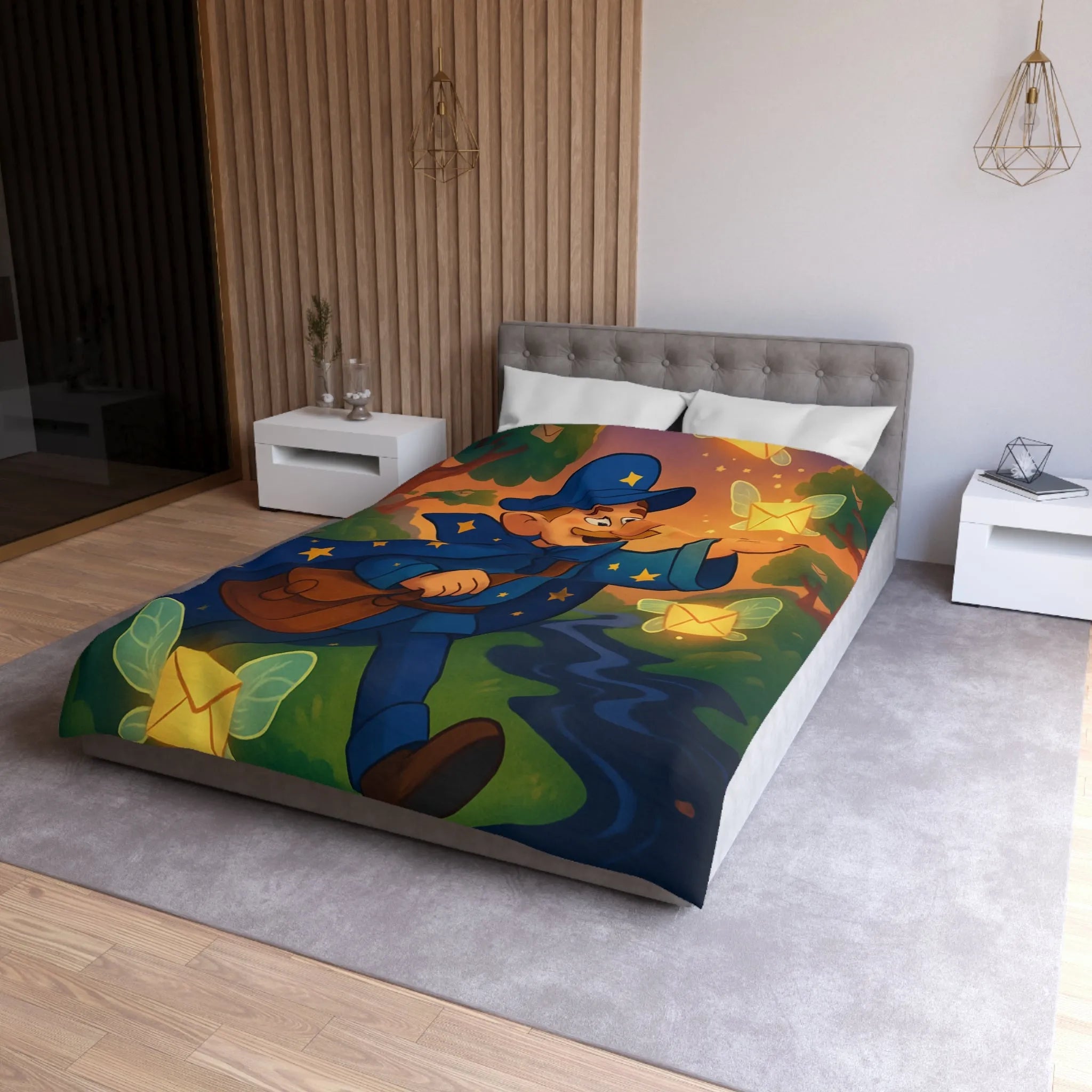 Housse de Couette Enfantine Magique Forêt Ambiance Nocturne Étoiles Arborées Postier Joyeux