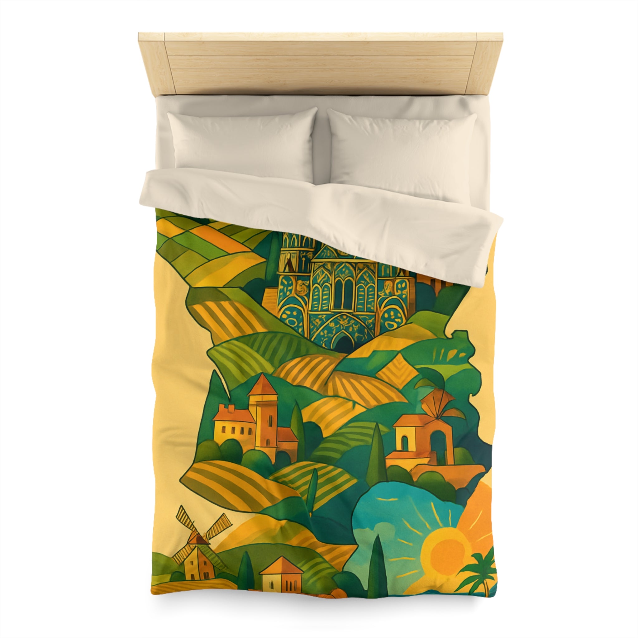 Housse de Couette Paysage France Vintage Coloré avec Monuments, Champs et Soleil