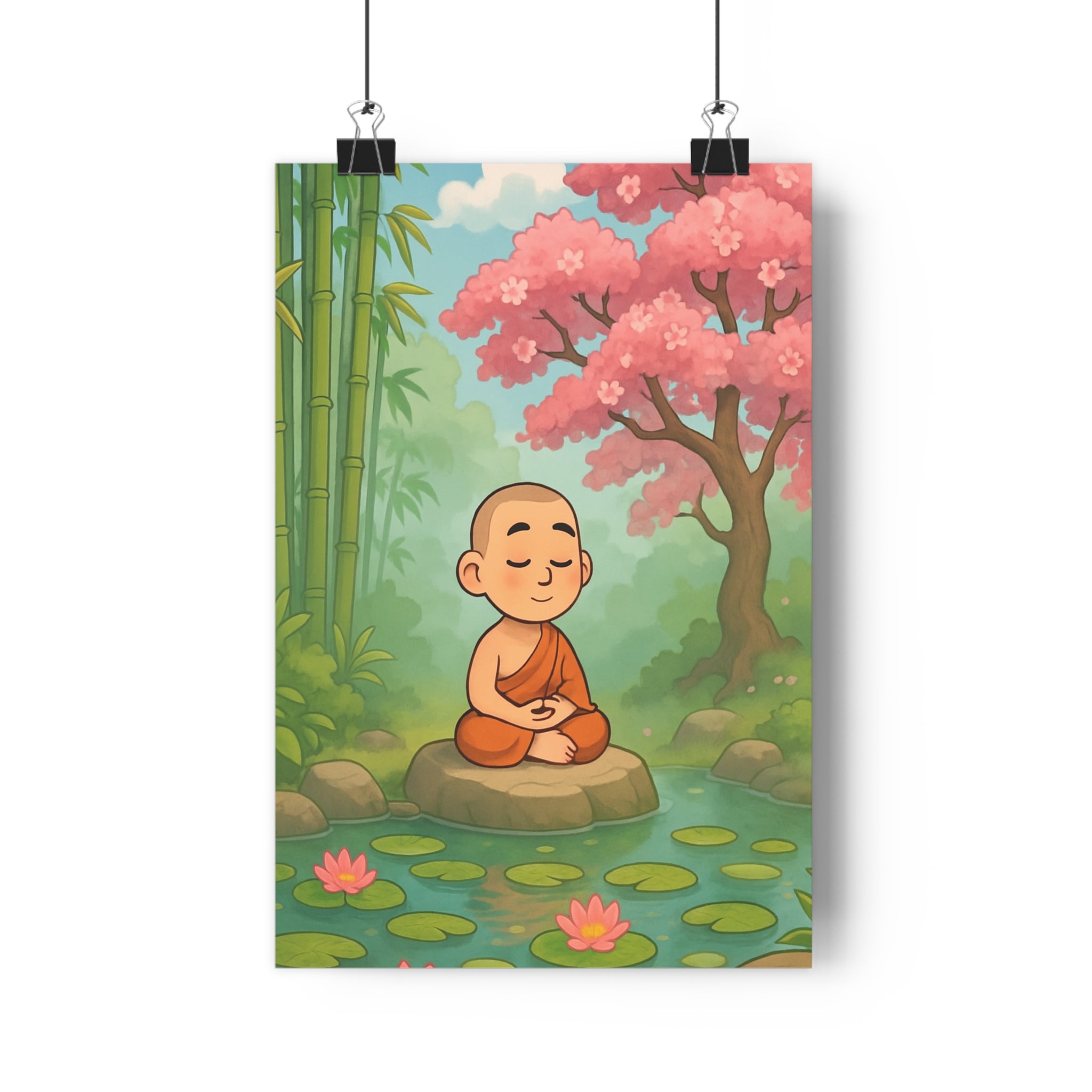 Poster décoratif pastel vert rose zen méditation dessin animé sérénité salon chambre détente 30