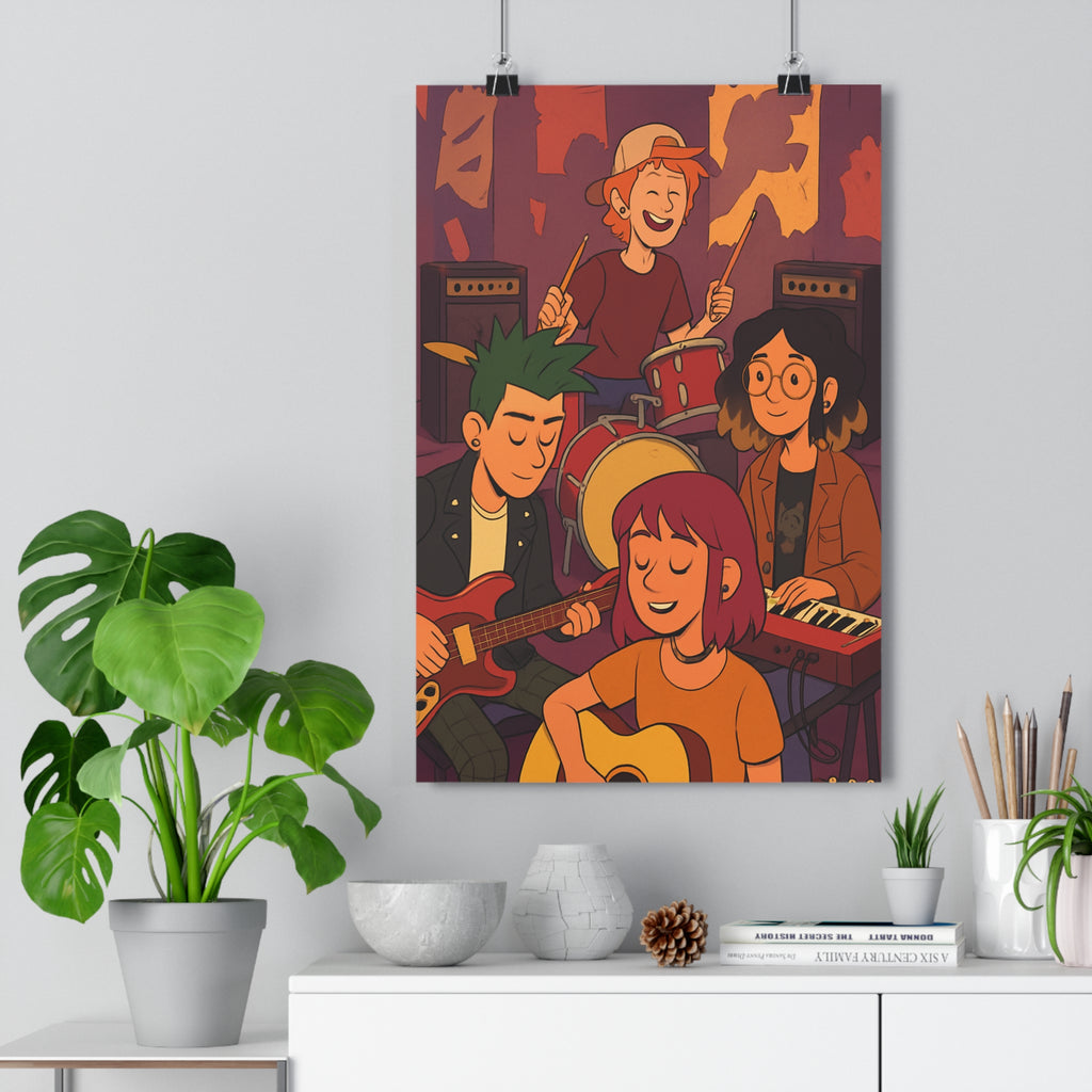 Poster décoratif contemporain anime coloré orange rouge joyeux chambre salon musique art personnages musiciens