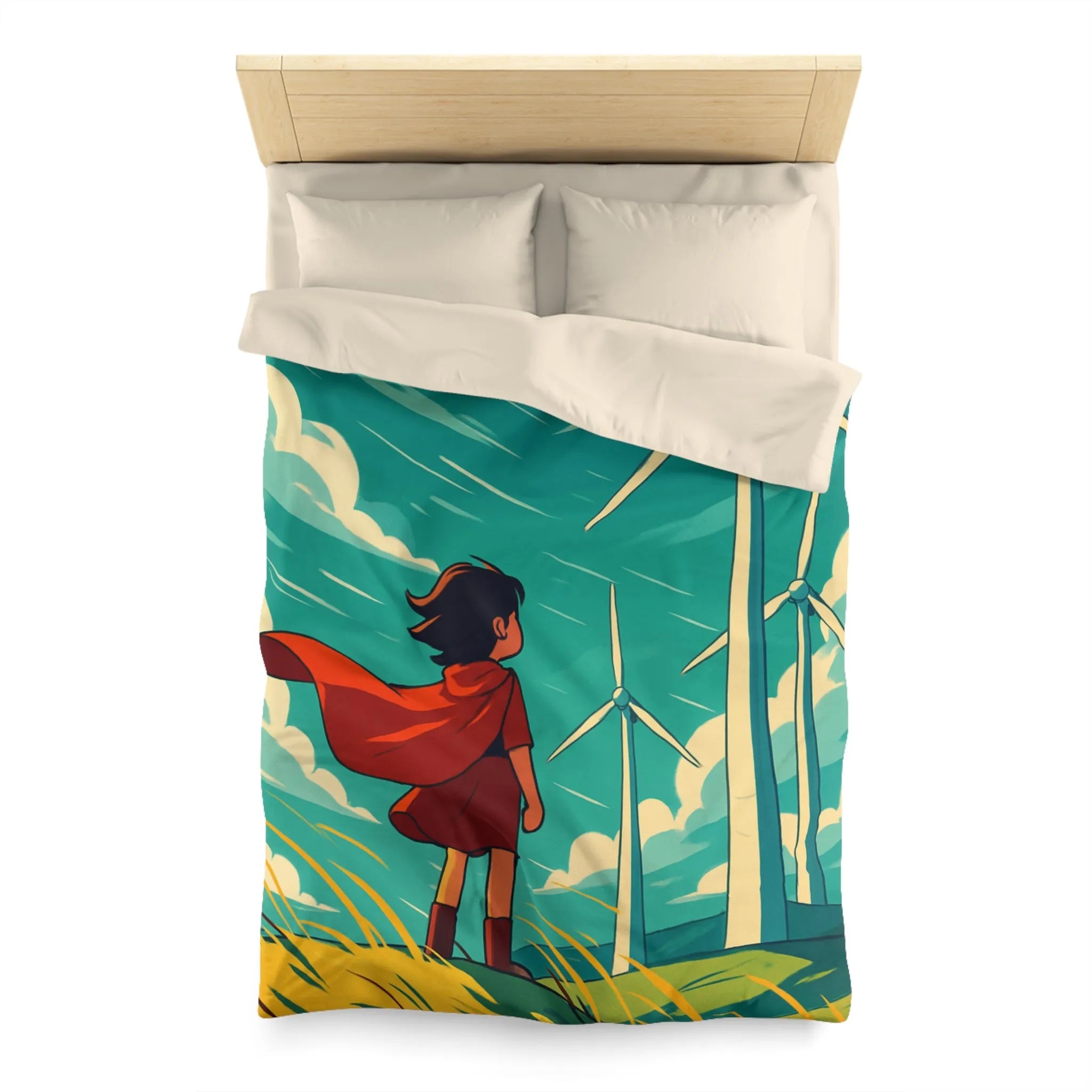 Housse de Couette Enfant avec Éoliennes et Paysage Venté Rouge et Bleu