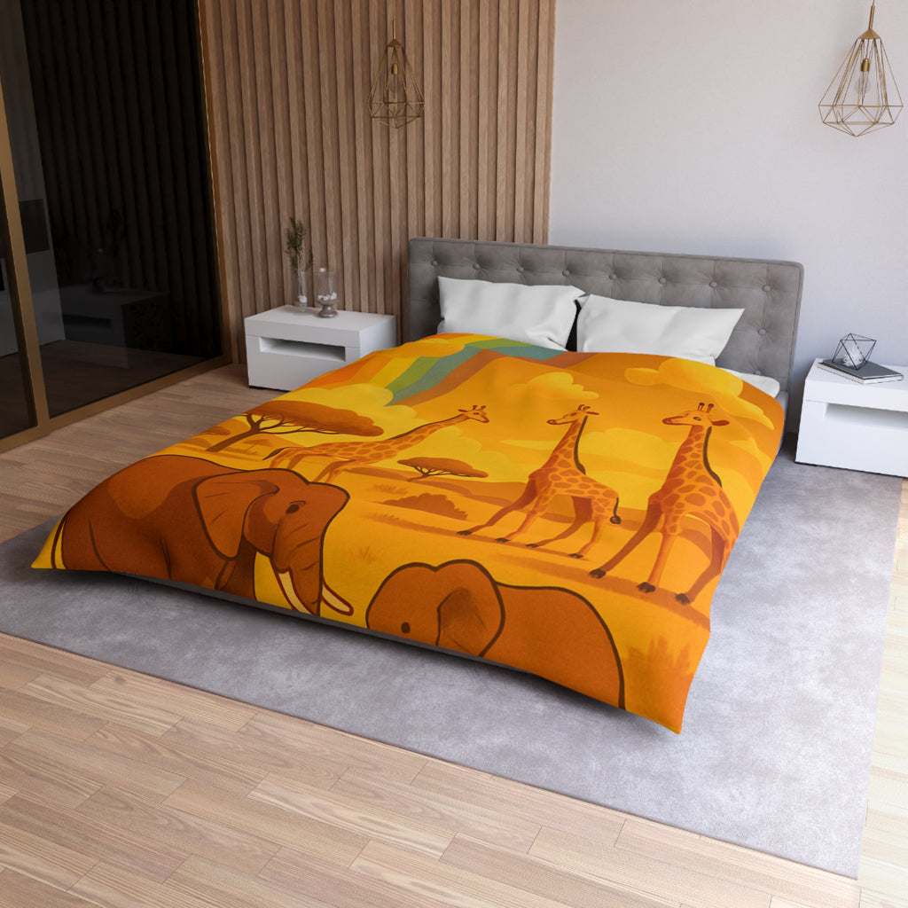 Housse de couette safari enfant avec éléphants, girafes et arc-en-ciel vibrant