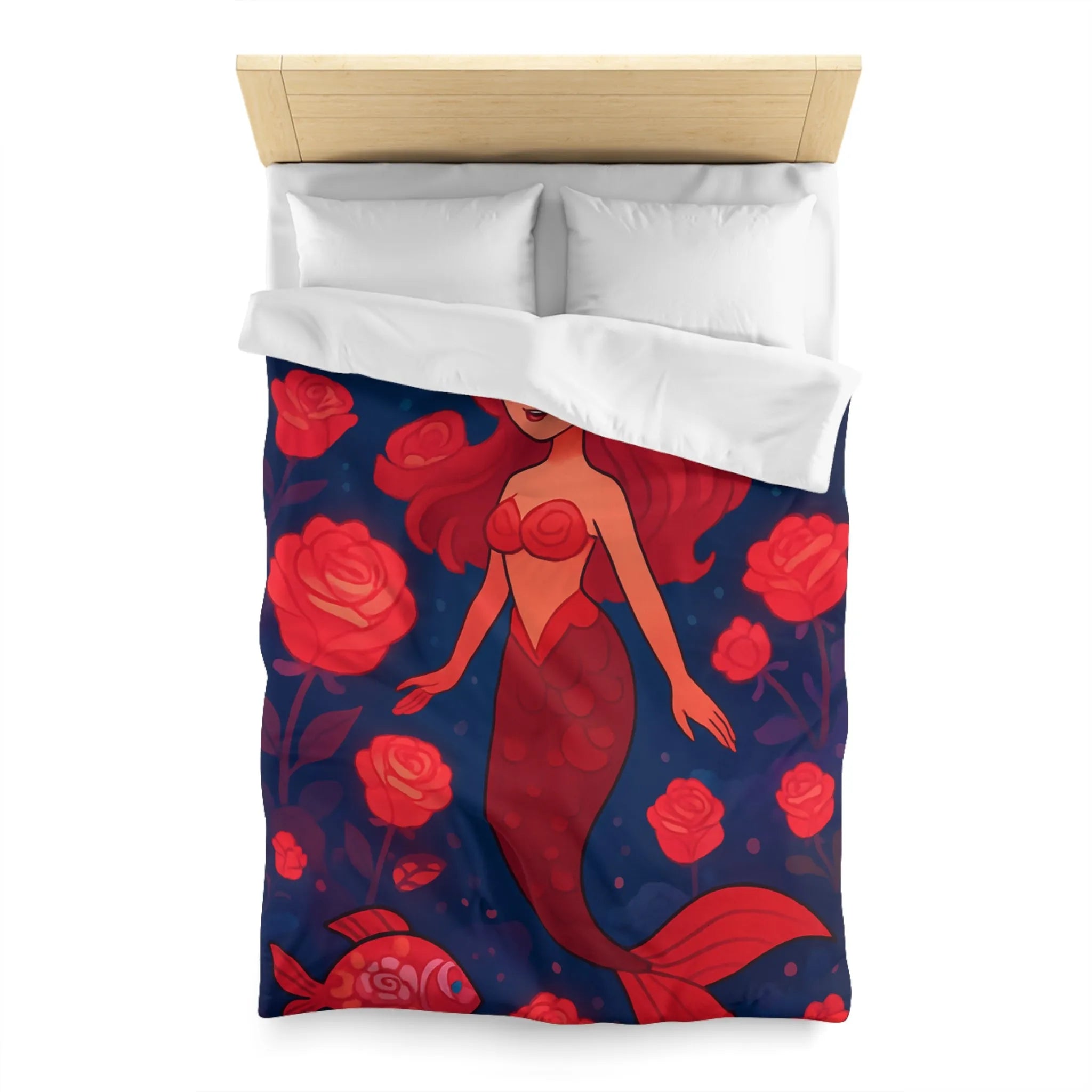 Enchantante scène de sirène rouge entourée de roses lumineuses et poissons fascinants