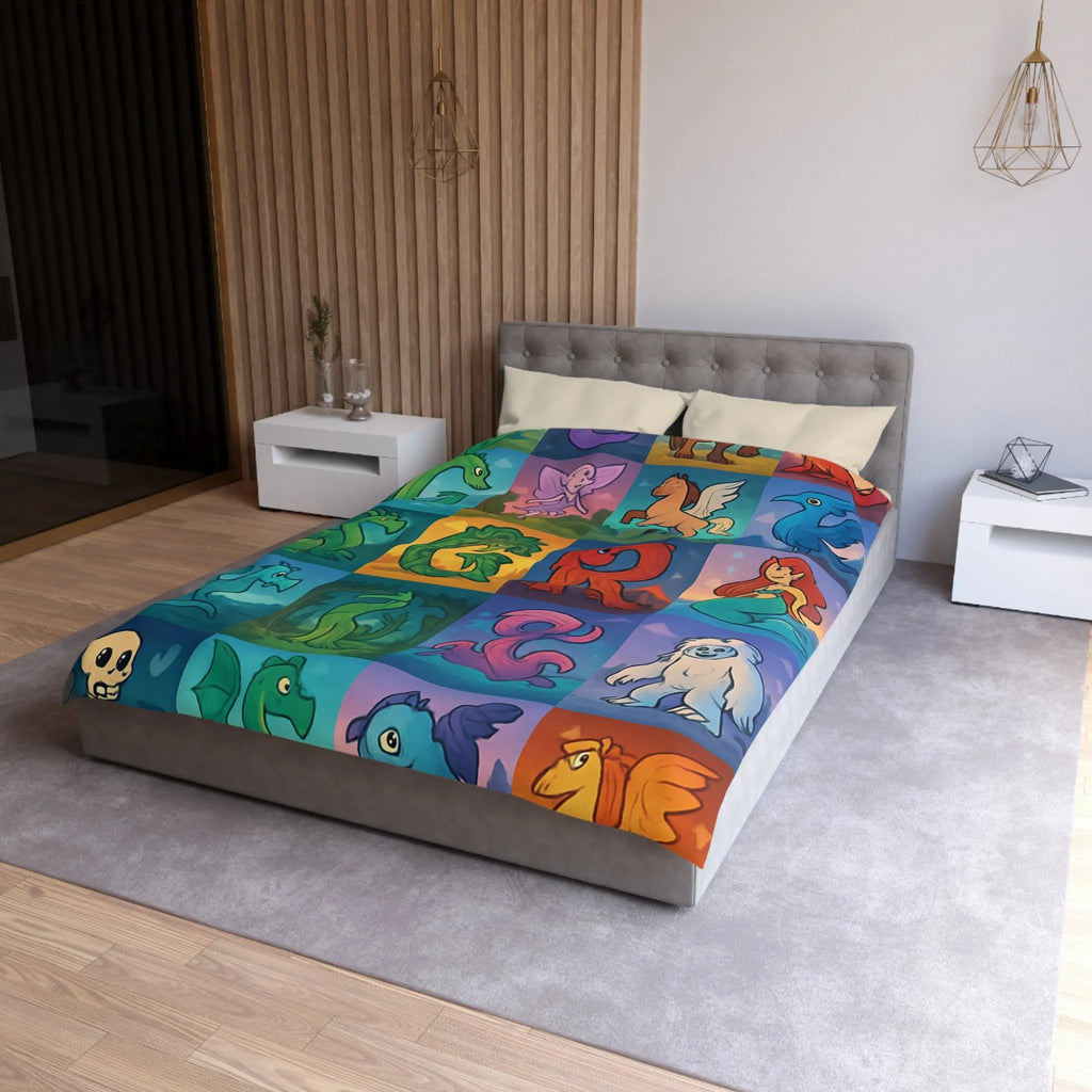 Housse de couette enchantée avec lettres magiques et créatures mythiques colorées