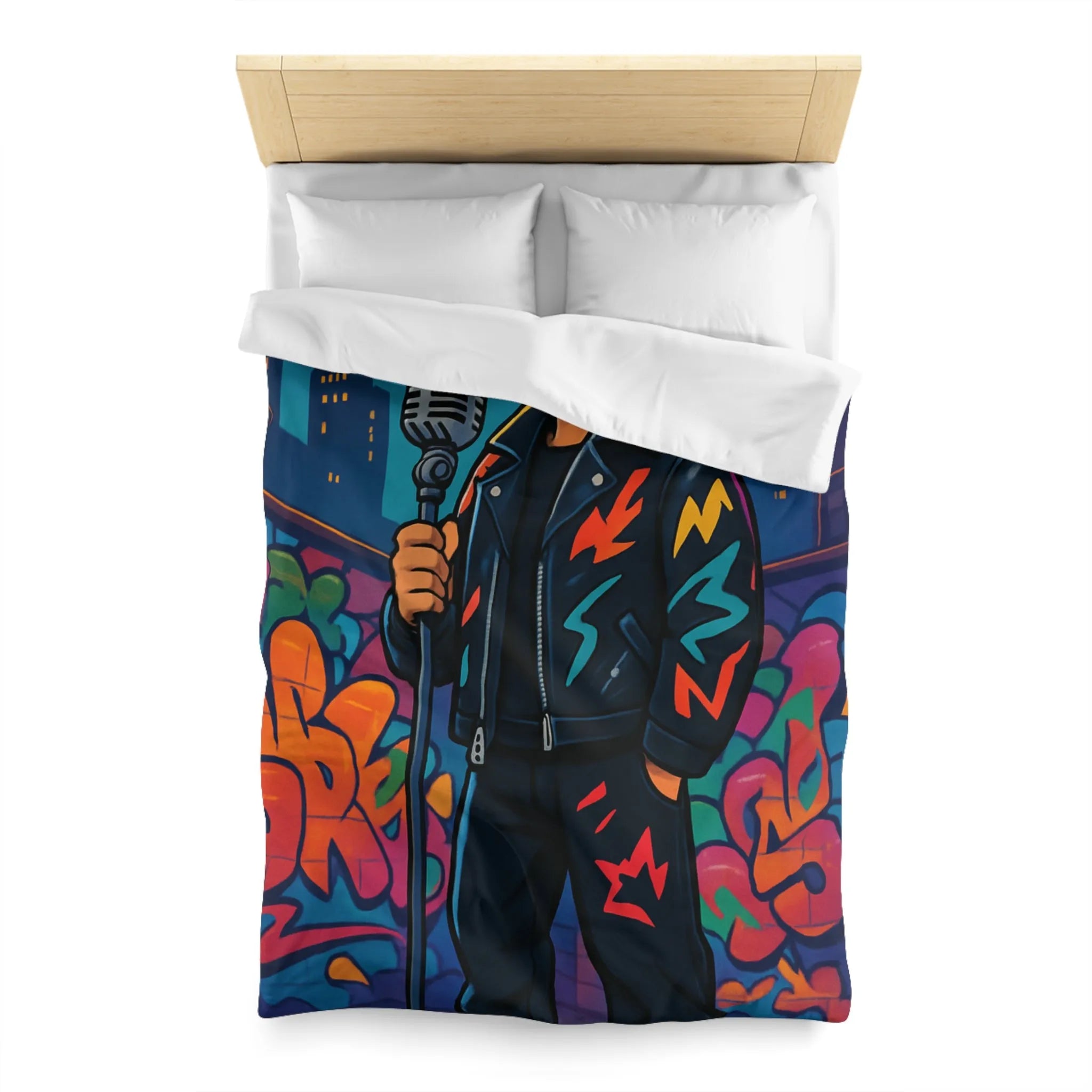 Housse de couette colorée graffiti style urbain avec chanteur devant micro rétro