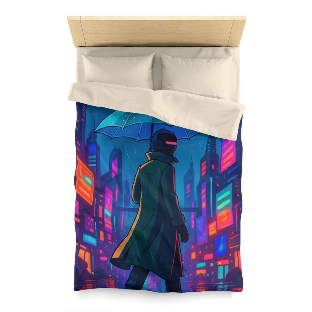 Housse de Couette Design Futuriste Ville Néon avec Parapluie et Pluie Nocturne