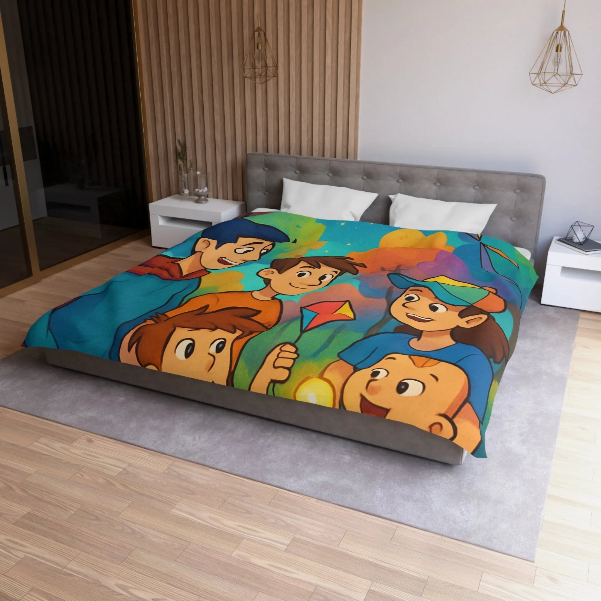 Housse de Couette Enfantine avec Cerfs-Volants et Ciel Étoilé dans Forêt Colorée