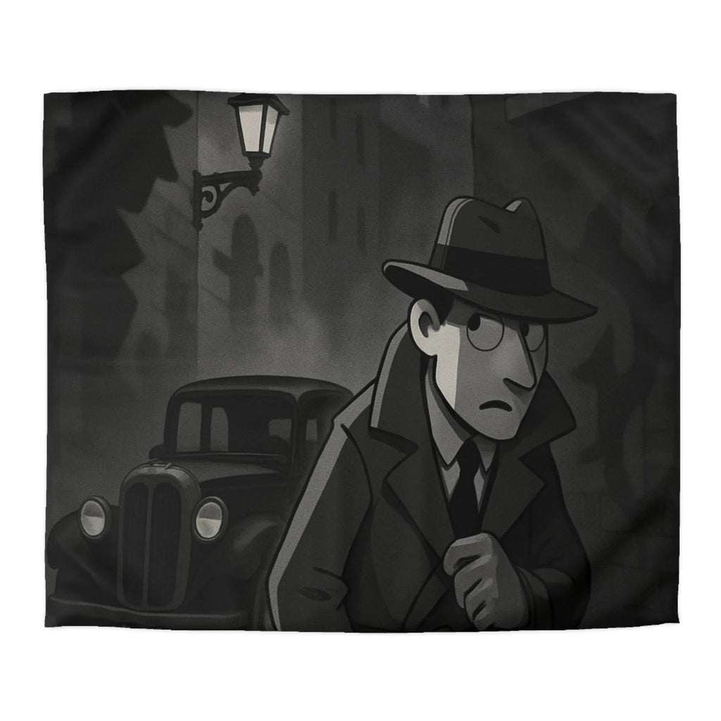 Housse de couette élégante avec scène de détective en ville sous lampadaire nocturne