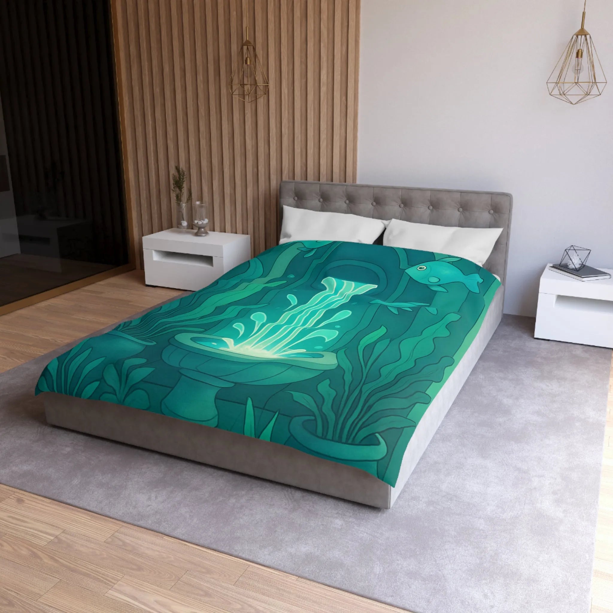 Housse de Couette Art Nouveau Illustrée Fontaine Poissons Teintes Bleues Calmes Décoration Intérieure