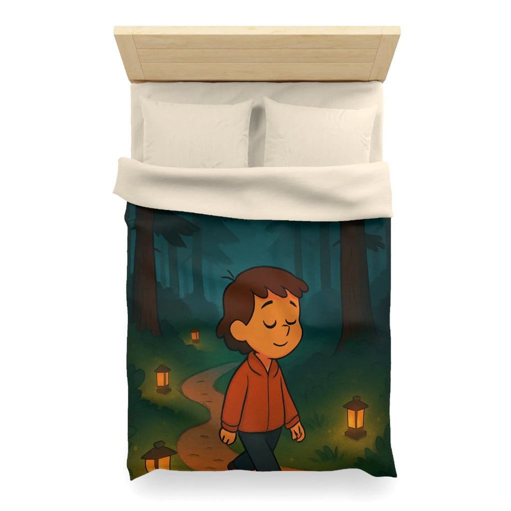 Housse de couette enfantine avec décor paisible de forêt au crépuscule pleine de lanternes