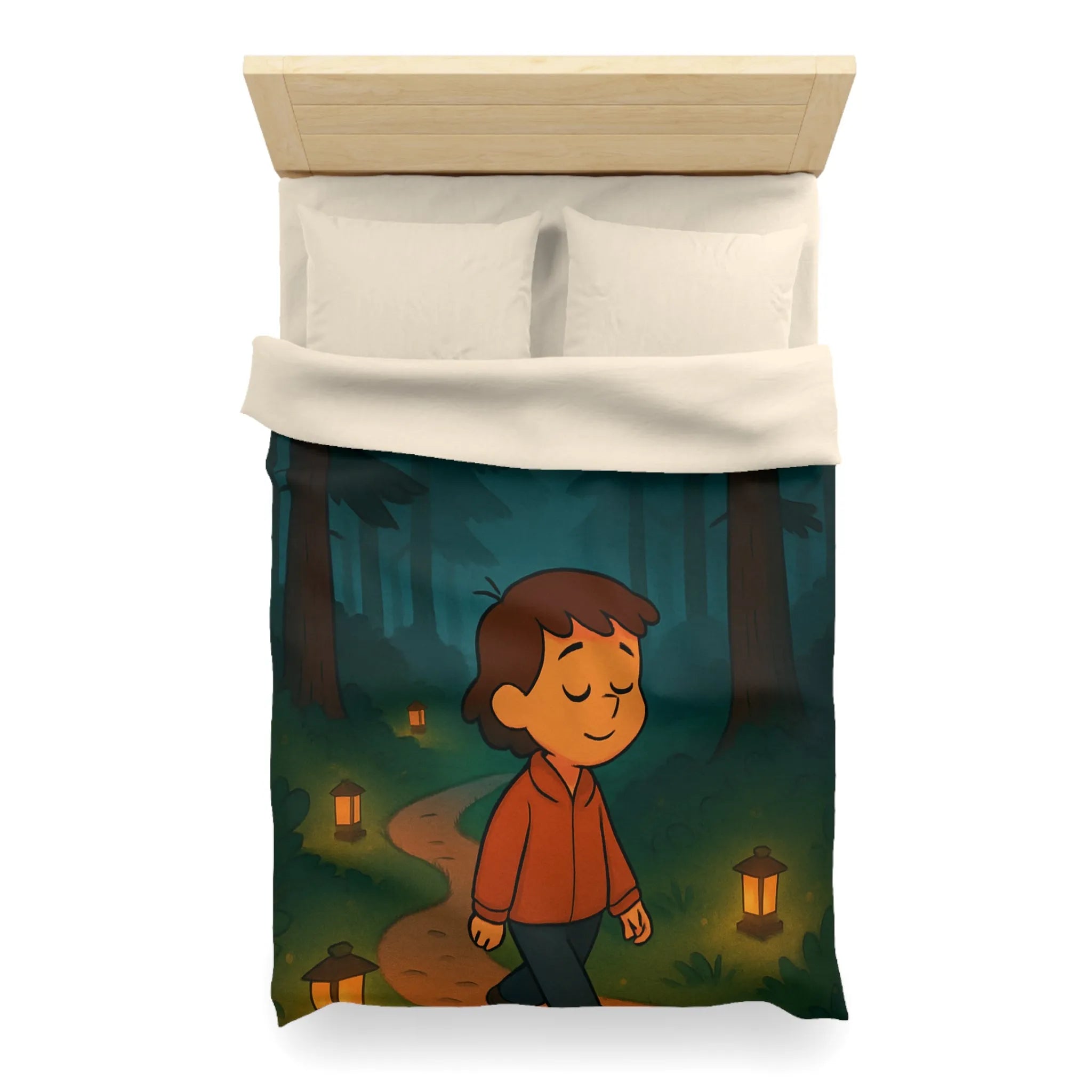 Housse de couette enfantine avec décor paisible de forêt au crépuscule pleine de lanternes