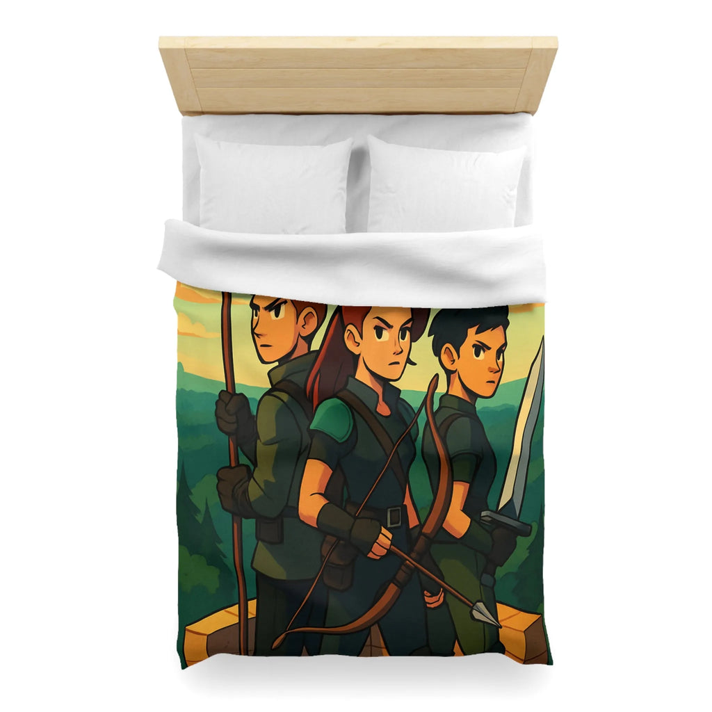 Housse de couette illustrée trois héros médiévaux arc épée forêt château aube