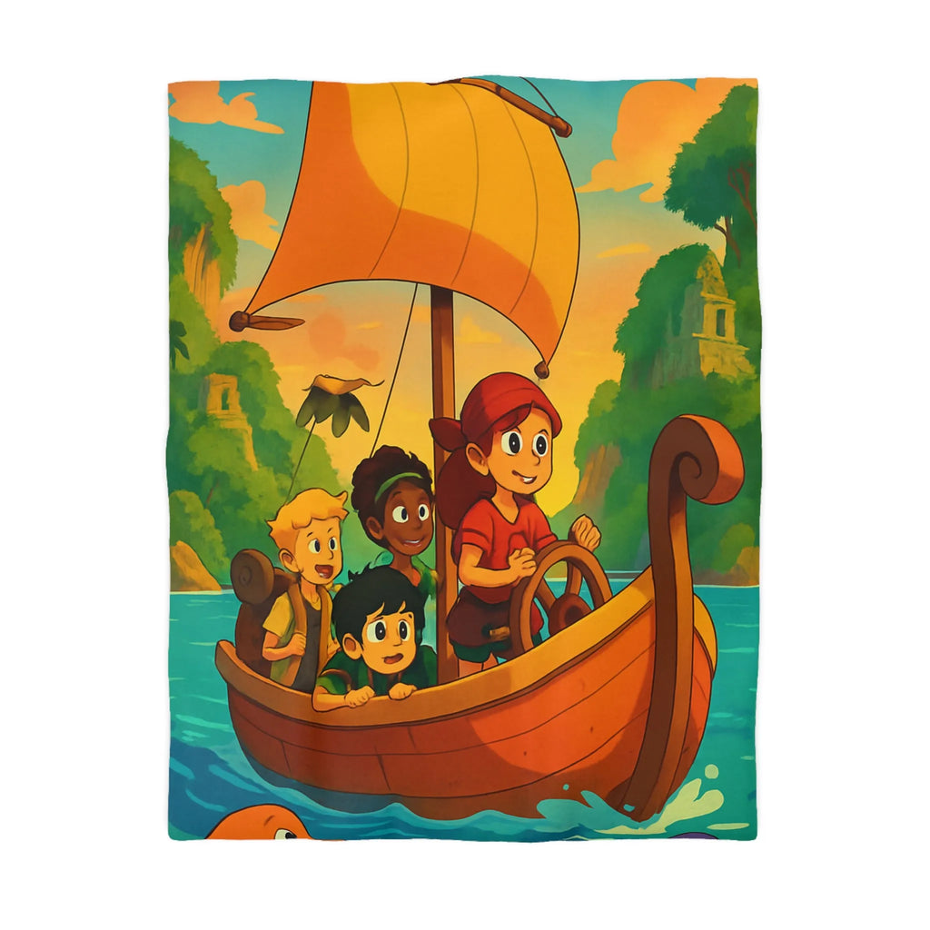 Housse de couette enfantine avec bateau, amis et animaux marins, ambiance tropicale vive