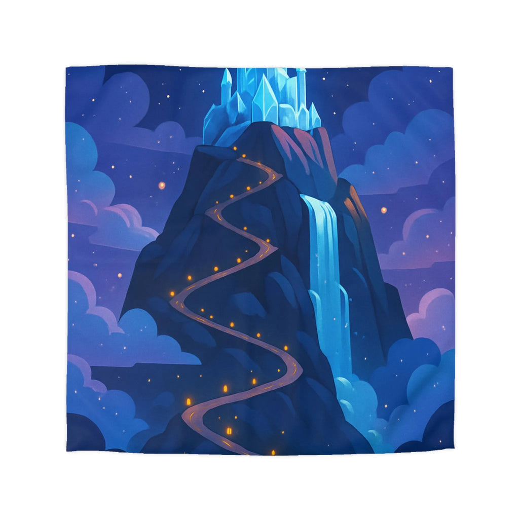 Housse de couette avec château glacé sur montagne illuminée sous ciel étoilé féerique