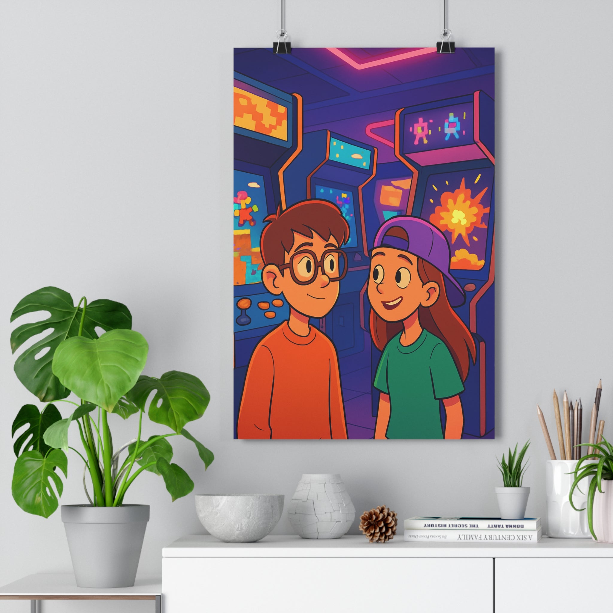 Poster décoratif cartoon rétro bleu orange violet jeu chambre nostalgique années 90 arcade graphique