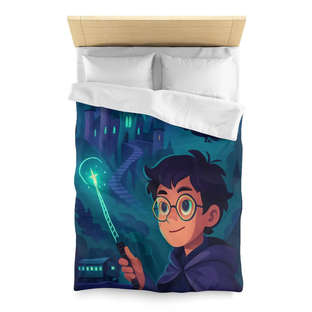 Housse de Couette Magique avec Enfant, Baguette Lumineuse et Chouette en Nuit Mystique