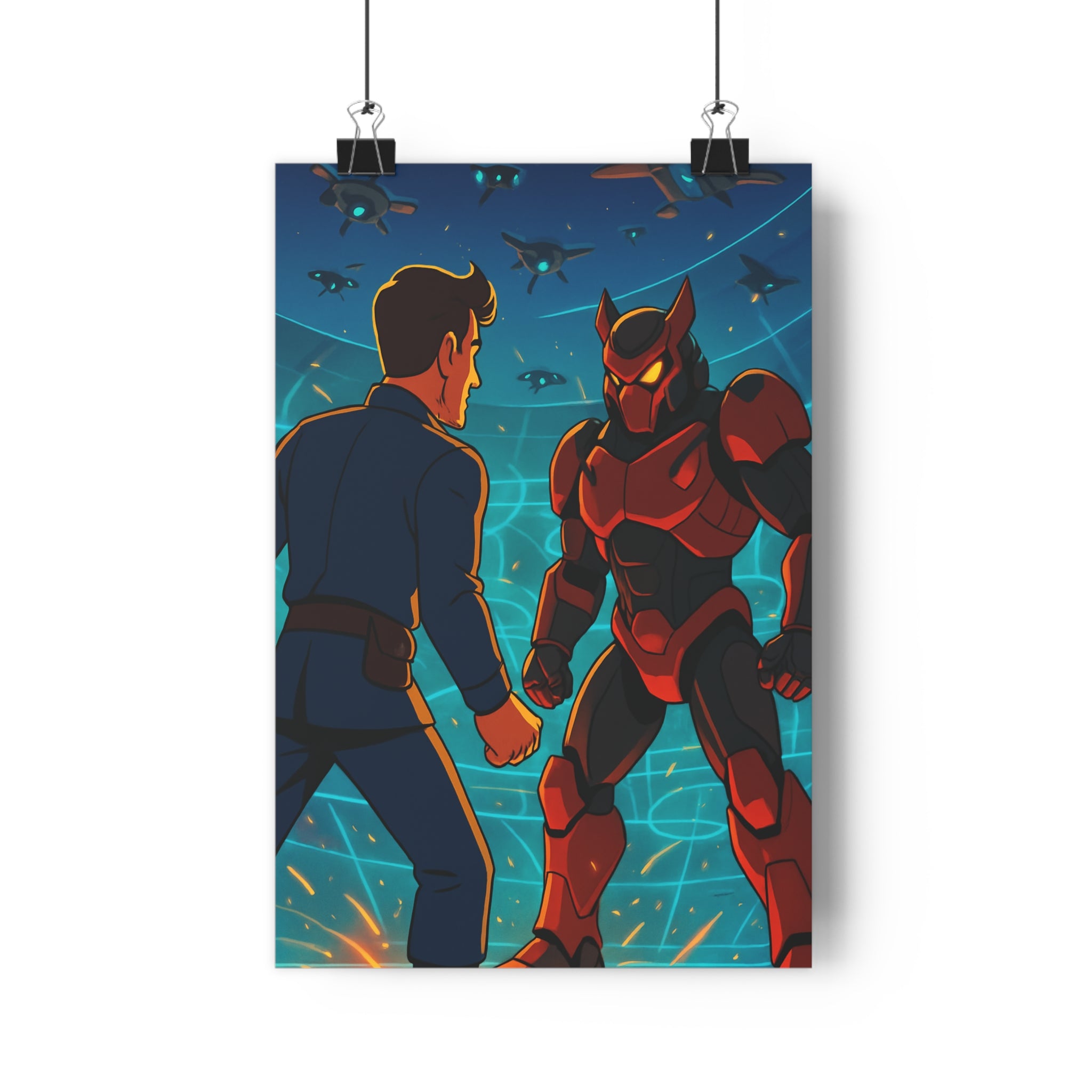 Poster décoratif cyberpunk futuriste bleu rouge cartoon néon vibrant chambre bureau design tendance lumineux